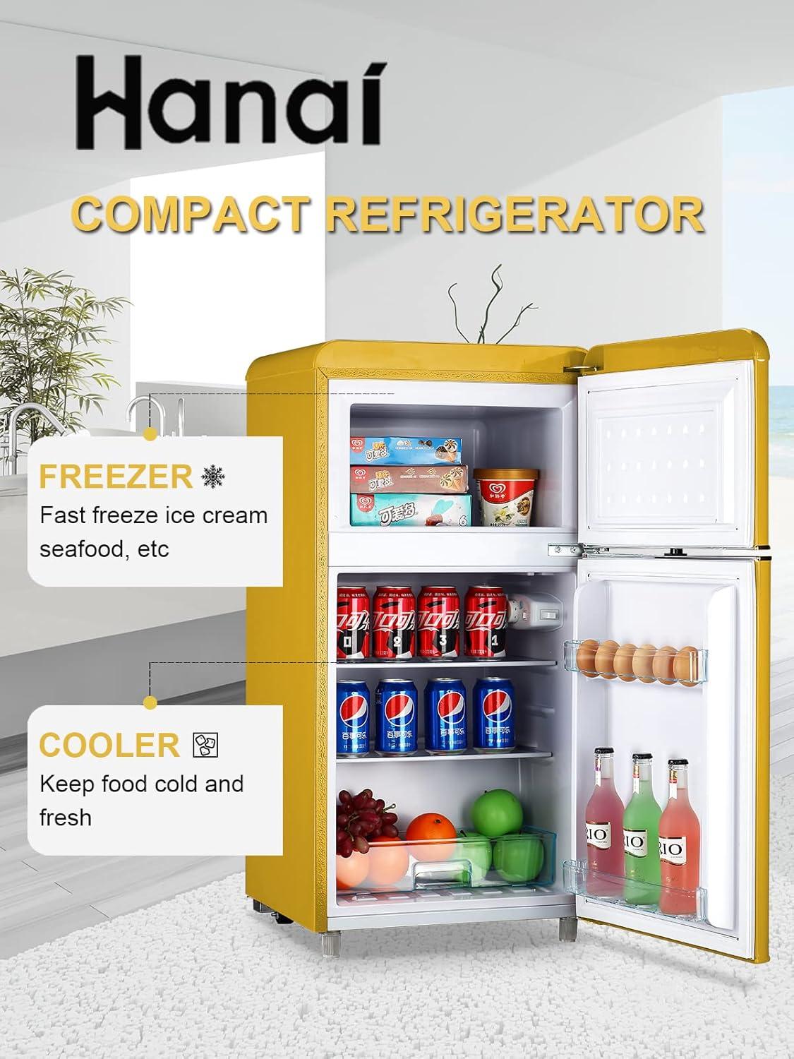 WANAI Compact Refrigerator 3.5 Cu.ft 2 Door Mini Refrigerator Adjustable Glass Shelves Refrigerator, Ideal for Apartment Dorm and Office, Yellow