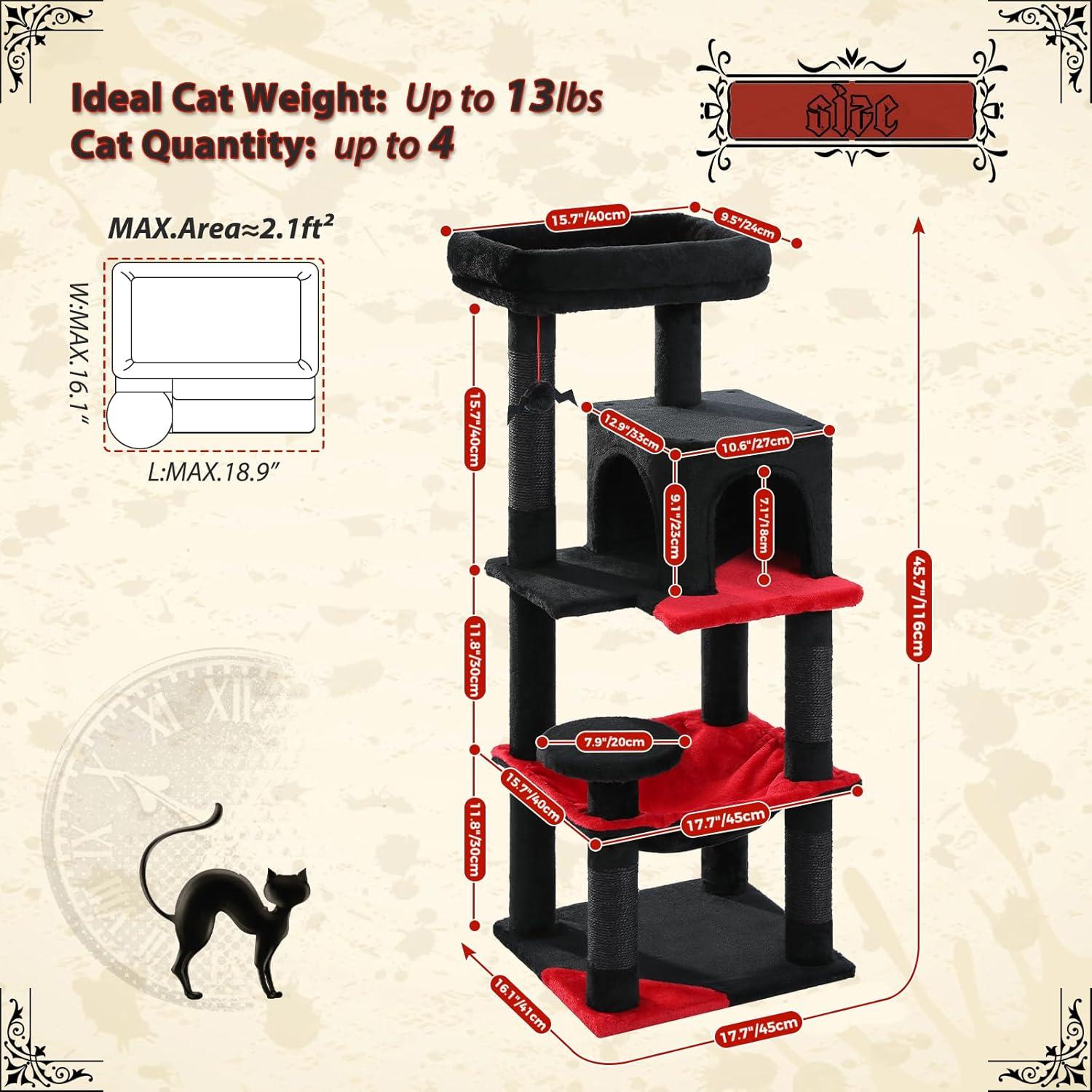 Gothic Cat Tree With Super Large Hammock, Cat Tower With Coffin Bed, Cat Condo, Sisal Scratching Posts & Top Perch, Multi-Level Goth Cat Tree, Halloween