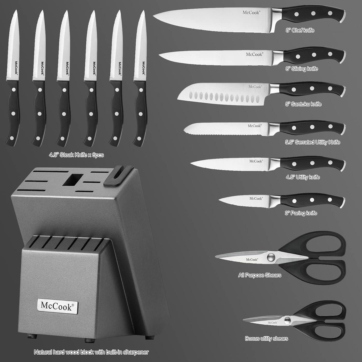 15-Piece German Stainless Steel Knife Block Set with Sharpener