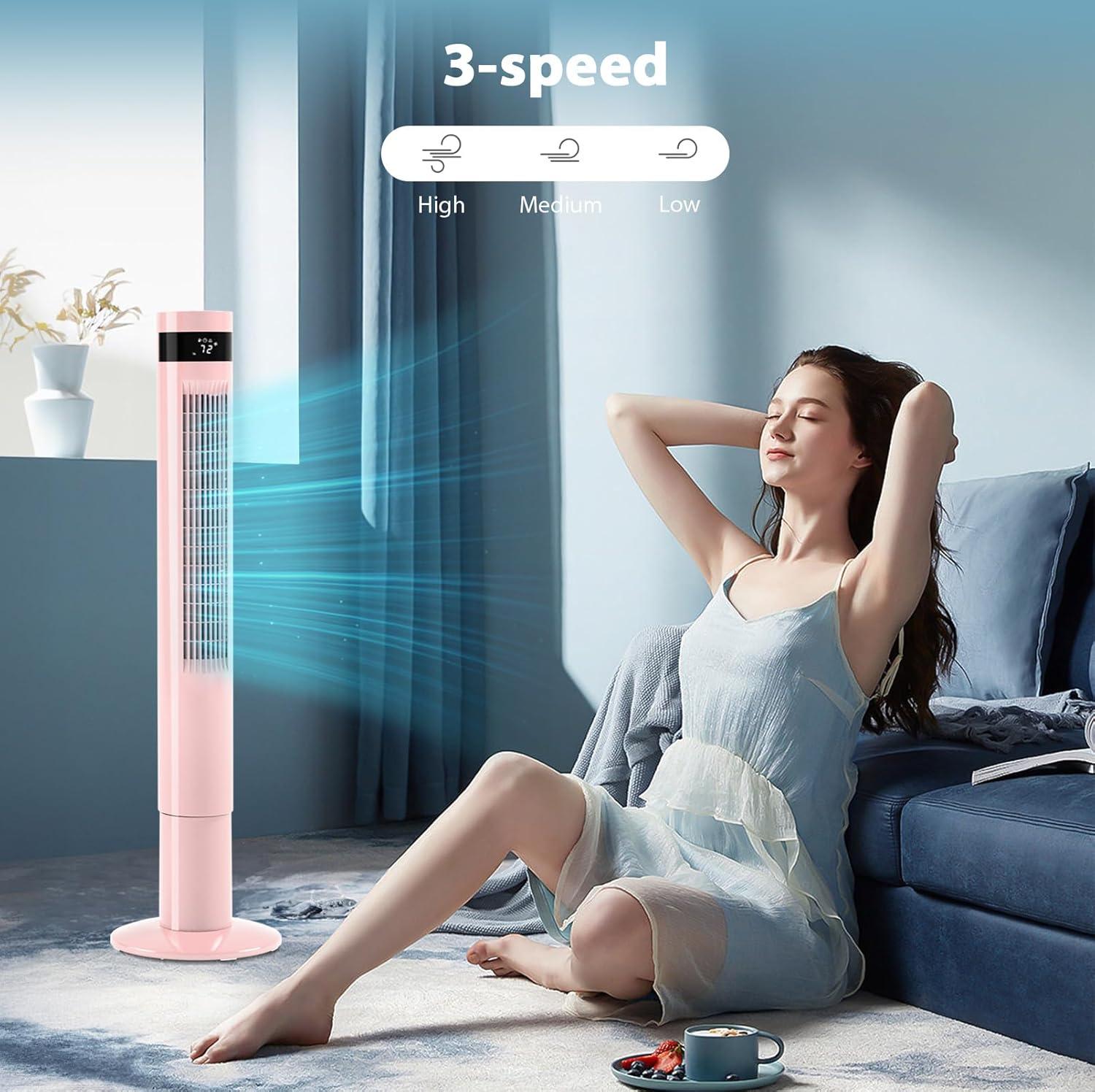 Antarctic Star Tower Fan Portable Floor Fans 85°Oscillating Fan 43'' Quiet Cooling 12H Timer Remote Control Standing Bladeless Electric 3 Speeds Wind 3 Modes Bedroom Office(43 inch, Pink)