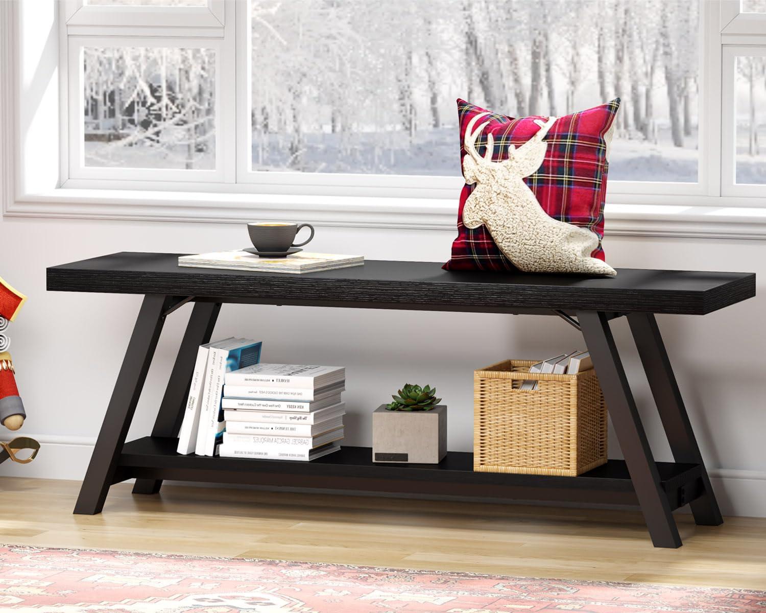 LVB Black Bench, Modern Storage Bench for Bedroom, Wood Metal Entryway Bench for Hallway Dining Living Room, Famrhouse Shoe Rack Indoor Accent Seating Benchs for Foyer Entrance, Black Oak 47 Inch Long