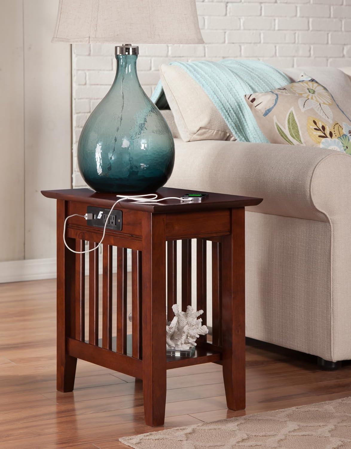 Walnut Wood Chair Side Table with Charging Station