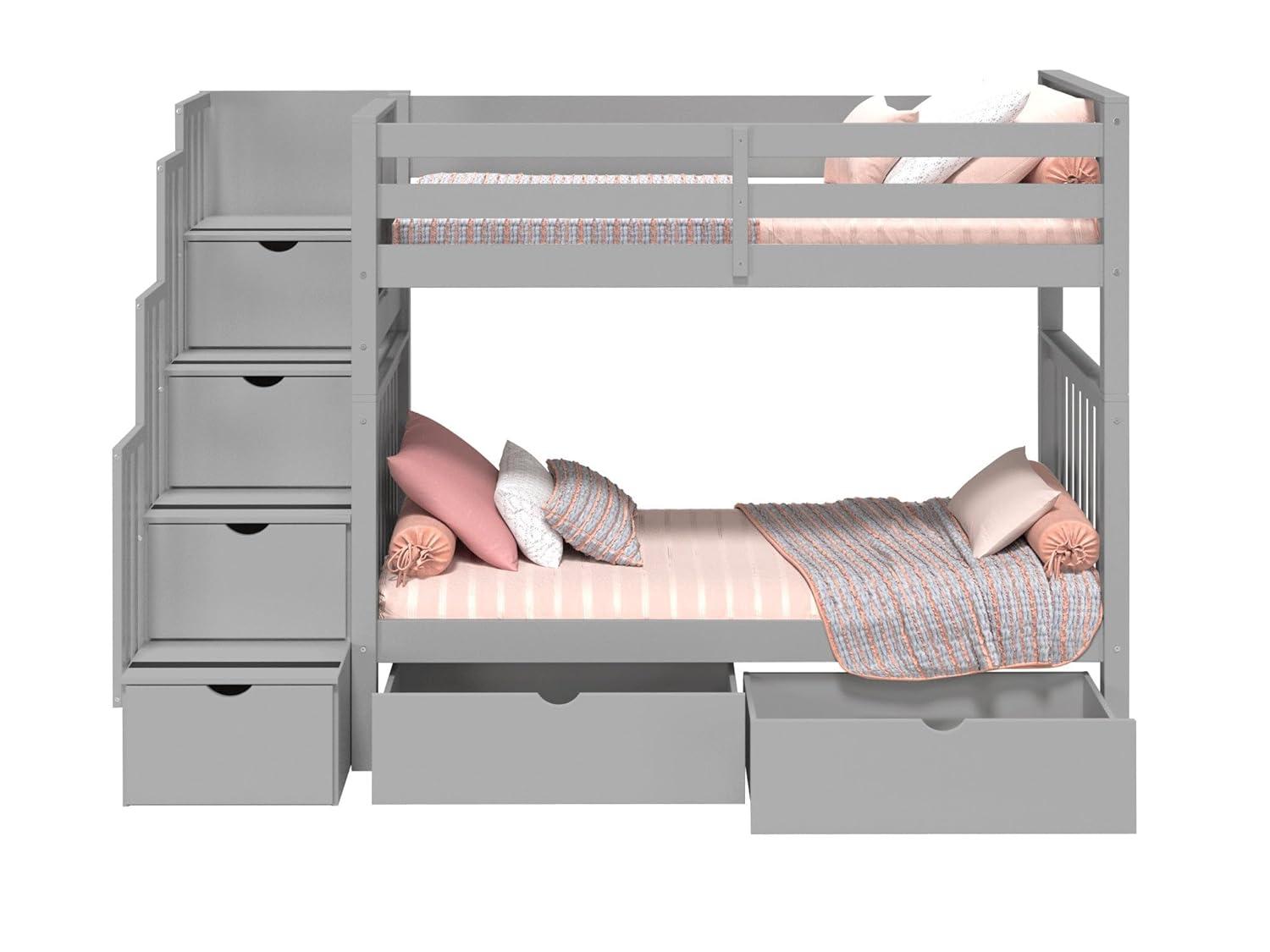 Bedz King Tall Stairway Bunk Beds Twin over Twin with 4 Drawers in the Steps and 2 Under Bed Drawers, Gray