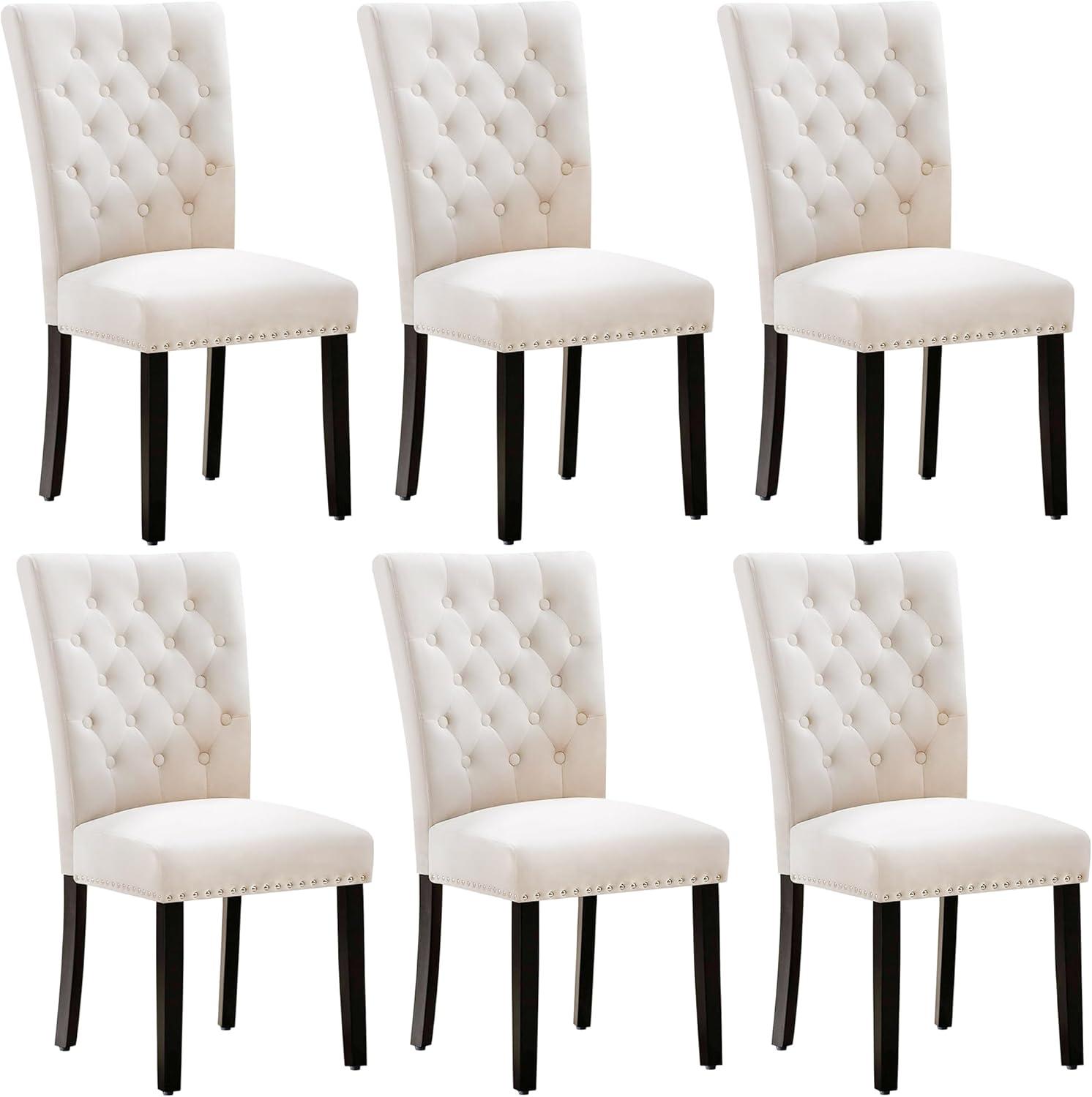 ODUSE-DAILY Velvet Dining Chairs Set of 6, Kitchen & Dining Room Chairs, Nailheads Tufted Chair, Sillas De Comedor, Two-Tone Fabric Upholstered, Wood Legs (Beige & Patterned, 6 Pcs)