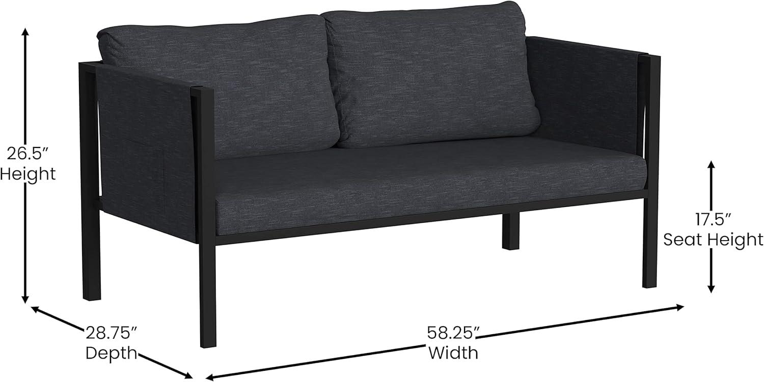 Flash Furniture Lea Indoor/Outdoor Loveseat with Cushions - Modern Steel Framed Chair with Storage Pockets, Black with Charcoal Cushions