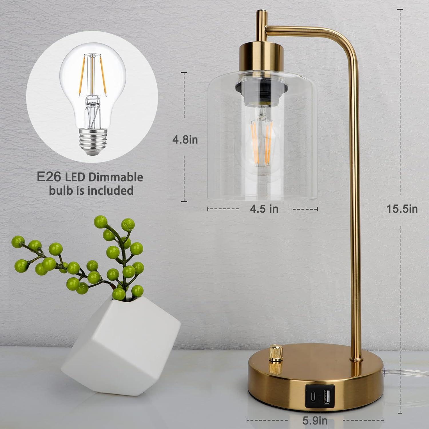 【Upgraded】Set of 2 Industrial Table Lamps with 2 USB Port, Fully Stepless Dimmable Bedside Lamps for Bedroom, Nightstand Desk Lamps with Glass Shade for Bedroom Living Room Office 2 LED Bulb Included