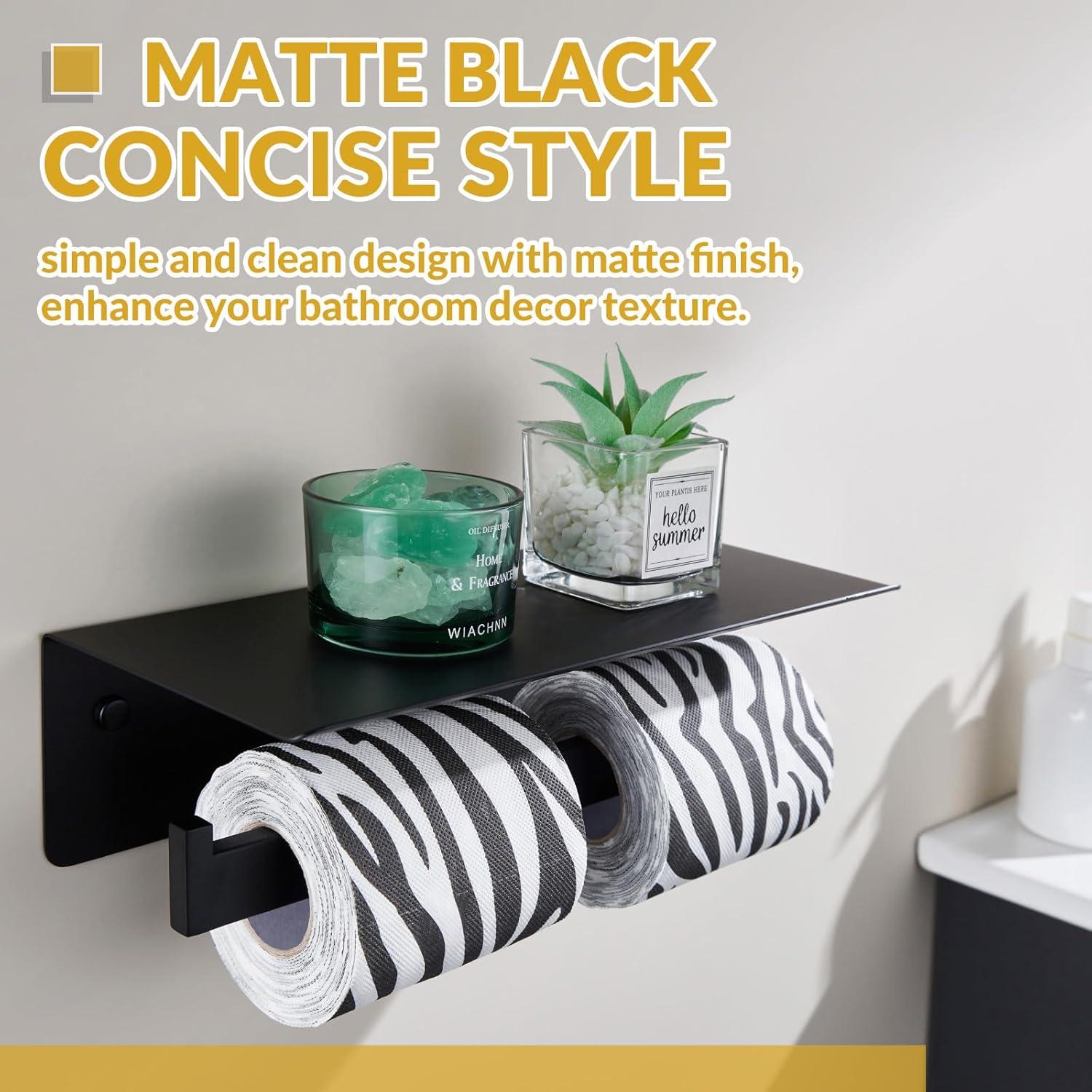 Double Toilet Paper Holder with Shelf Matte Black, SUS304 Stainless Steel Modern Bathroom Tissue Roll Holder Mobile Phone Storage Rack