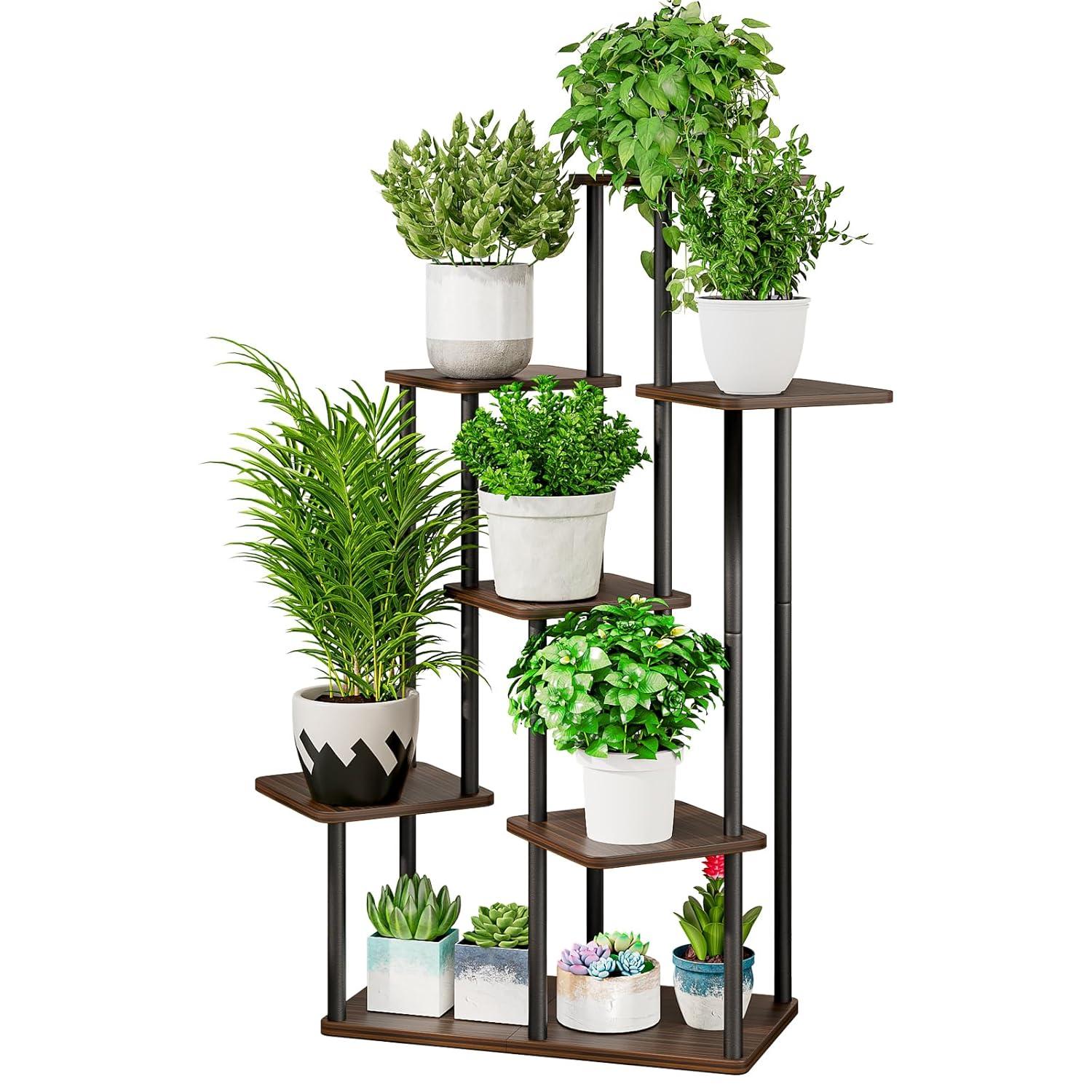 AZERPIAN Plant Stand 7 Tier Indoor Metal Flower Shelf for Multiple Plants Corner Tall Flower Holders for Patio Garden Living Room Balcony Bedroom, Black Oak