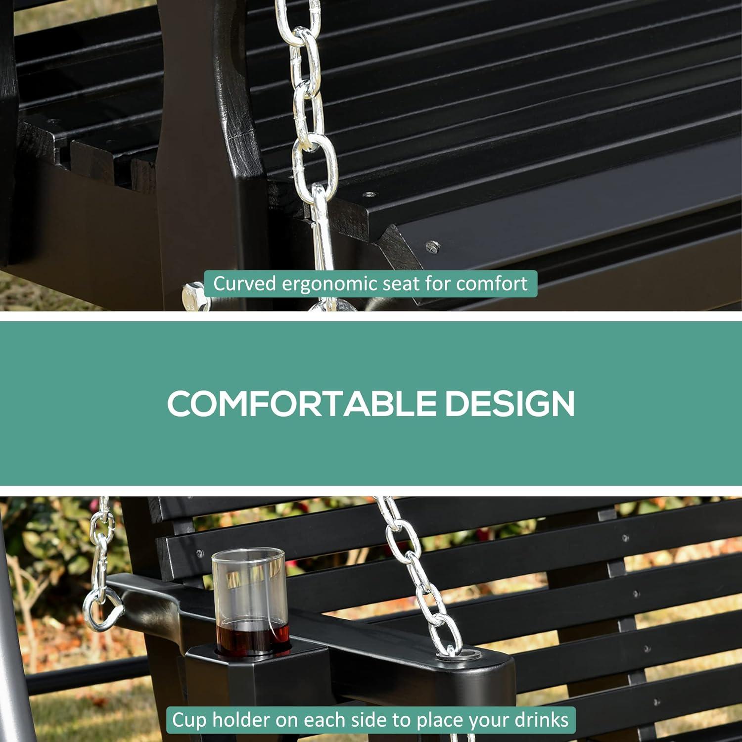 Outsunny 46" 2-Person Porch Swing Wooden Patio Swing Bench with Cup Holders, Slatted Design, & Chains Included, 440lb Weight Capacity, Black