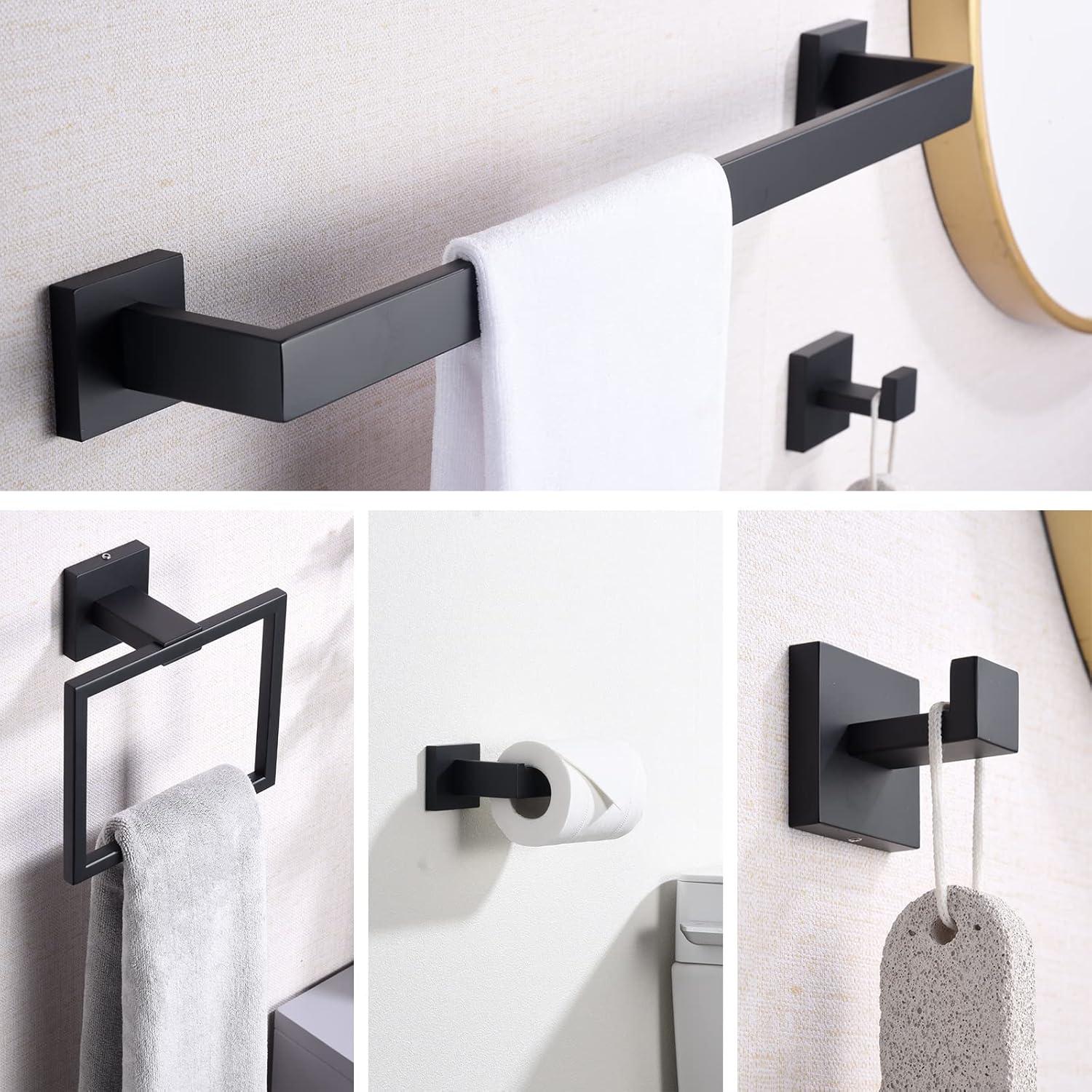 Matte Black Bathroom Hardware Set,5-Piece Towel Racks for Bathroom 23.6" Wall Mount Bathroom Accessories Include Towel Bar,Towel Rack Ring,Toilet Paper Holder,2*Robe Hook