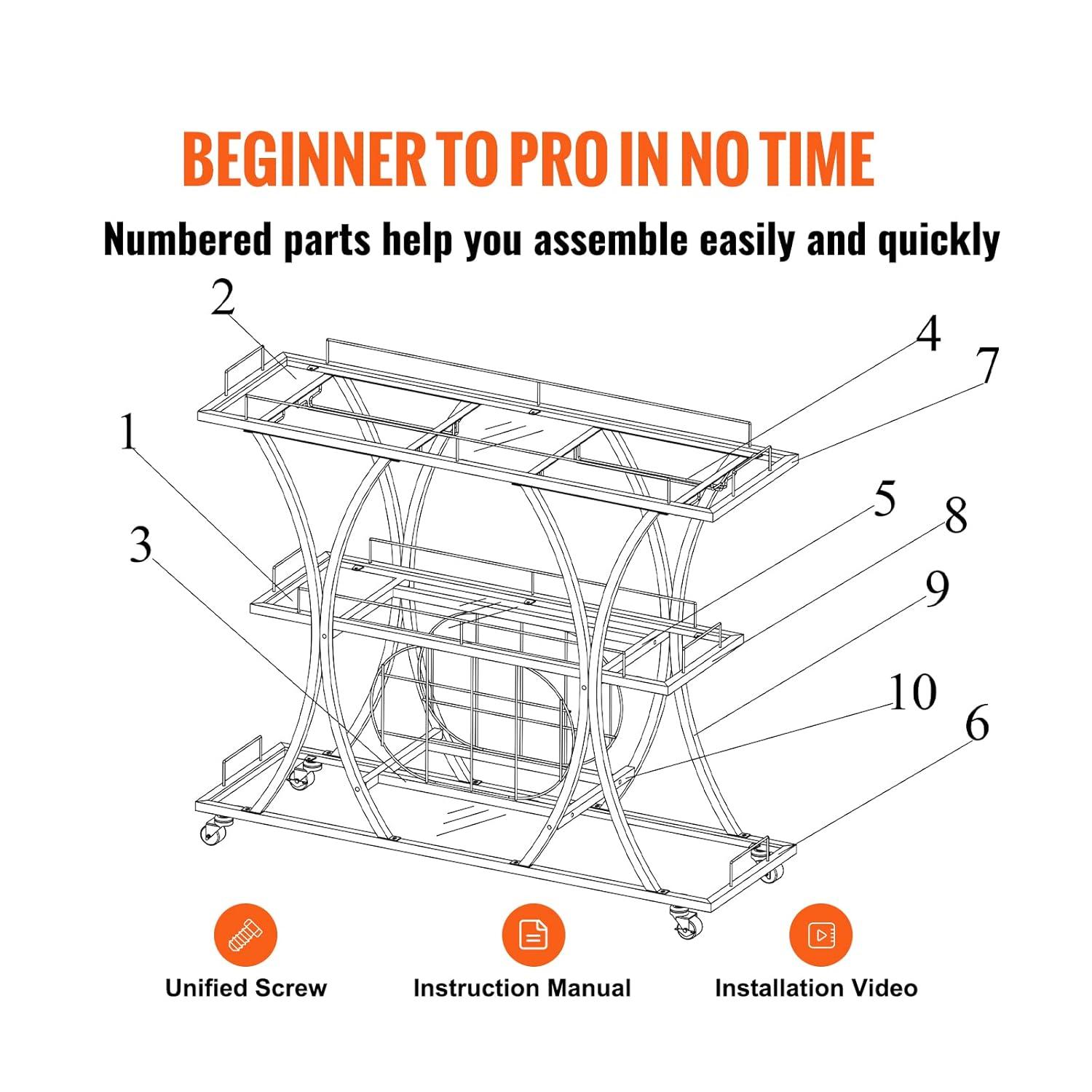 VEVOR Bar Cart Gold 3 Tiers Home Bar Serving Cart on Lockable Wheels with Tempered Glass Shelves Guardrail Wine Rack