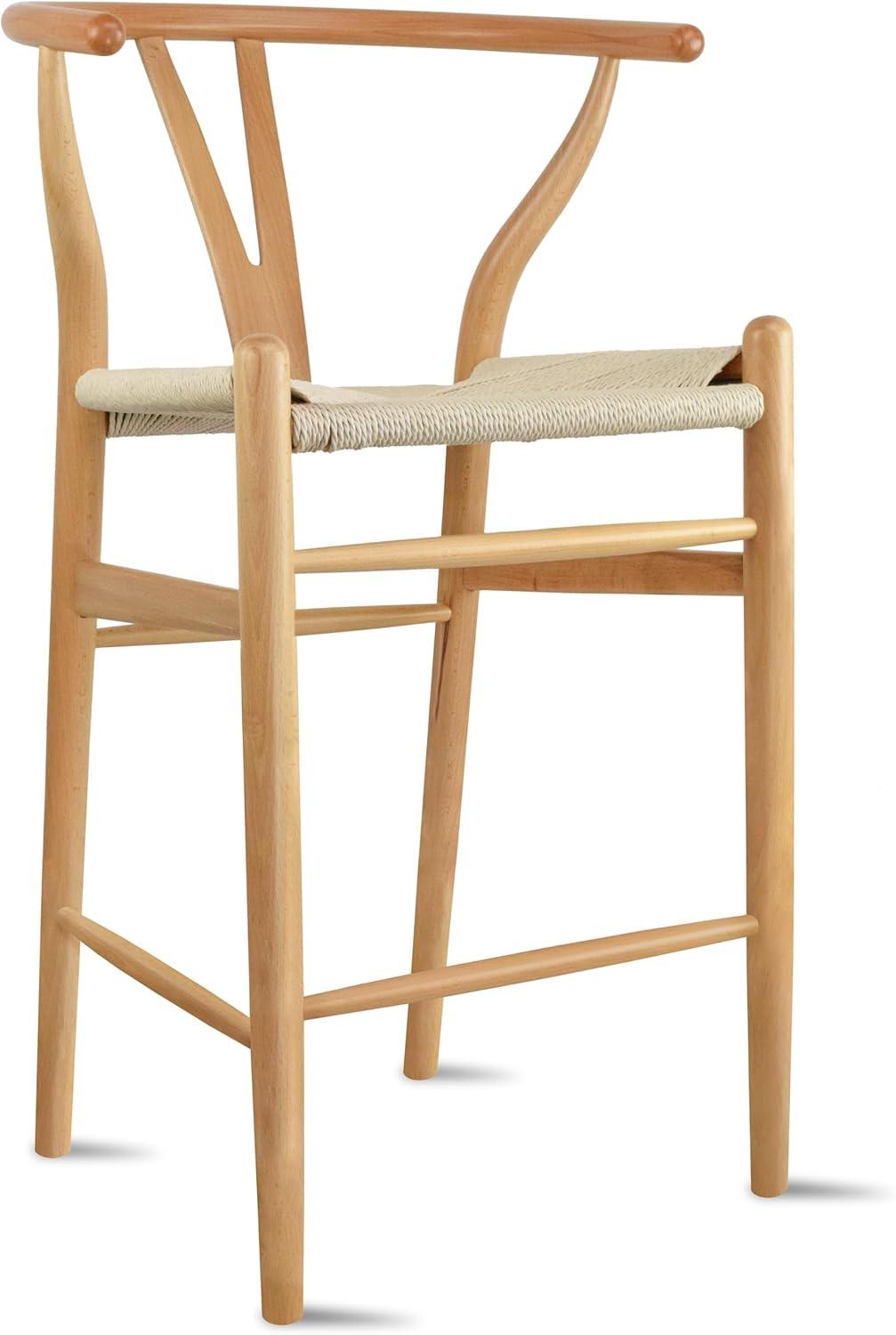 Natural Wood Wishbone Counter Height Bar Stool with Woven Seat