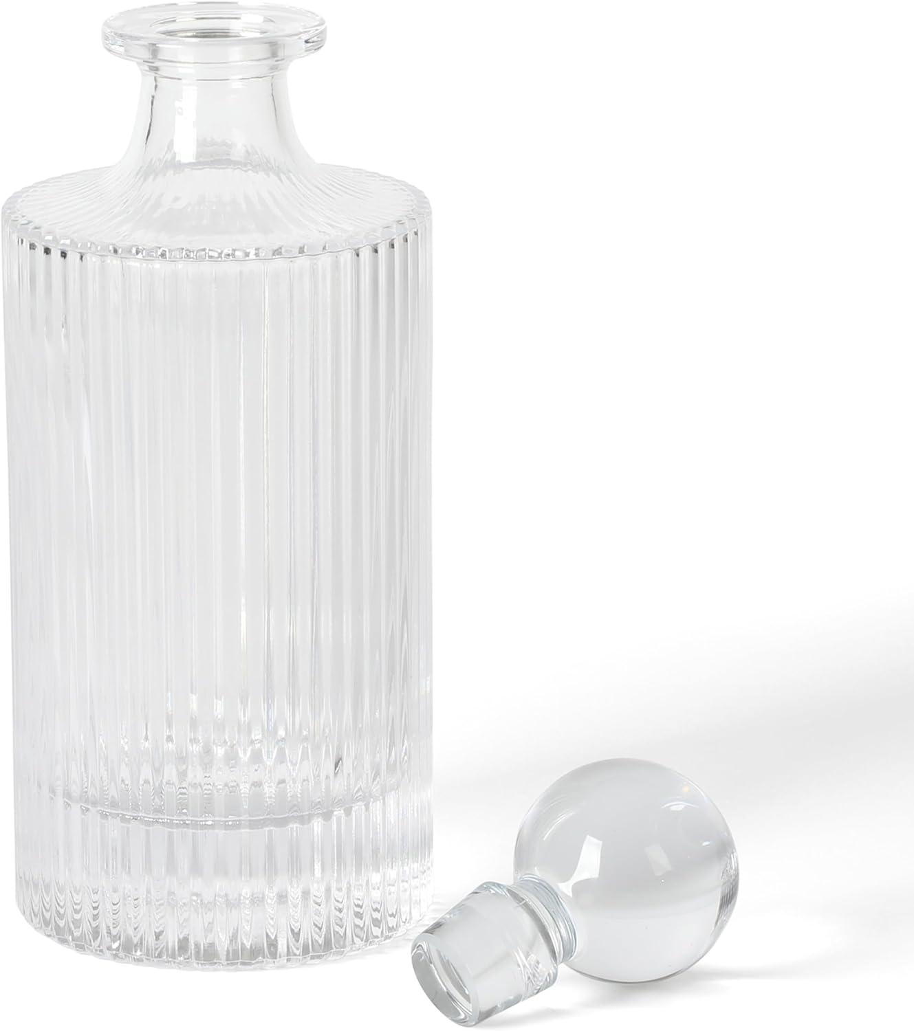 Clear Ribbed Glass Decanter and 4 Lowball Glass Set