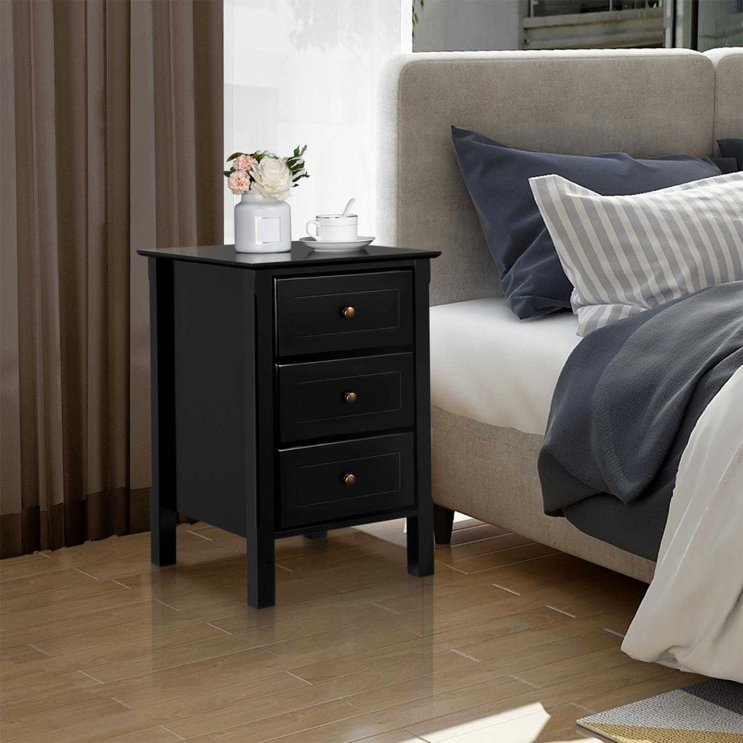 Yaheetech 3 Drawer End Table with Solid Wood Legs for Living Room, Black