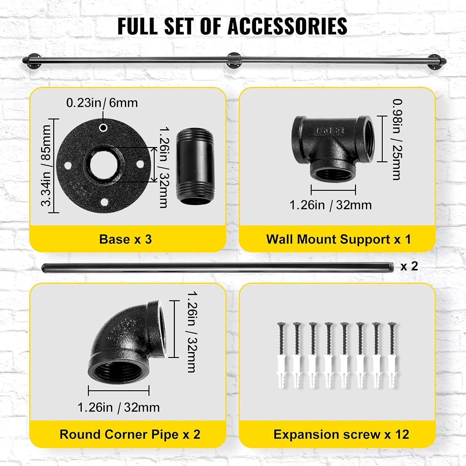 4 ft. Pipe Stair Handrail 440 lbs. Load Capacity Wall Mounted Handrail Round Corner Handrails for Outdoor Steps, Black