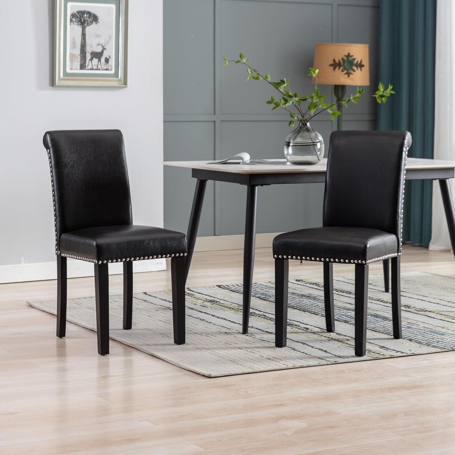 Colamy Black Upholstered Wood Legs Parsons Leather Dining Chairs with Nail head Trim Set of 2 for Dining Room