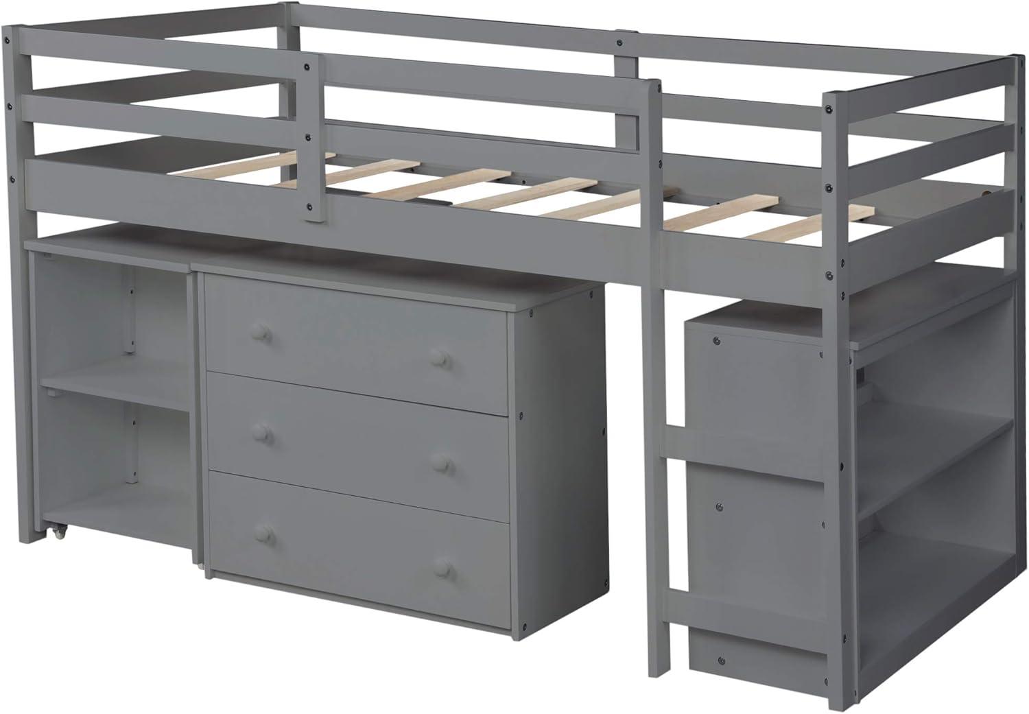 Twin Loft Bed Frame with Rolling Desk, Cabinets and Bookshelf, Wood Low Study Loft Bed with Full-length Guardrail for Kids, No Box Spring Required, Gray