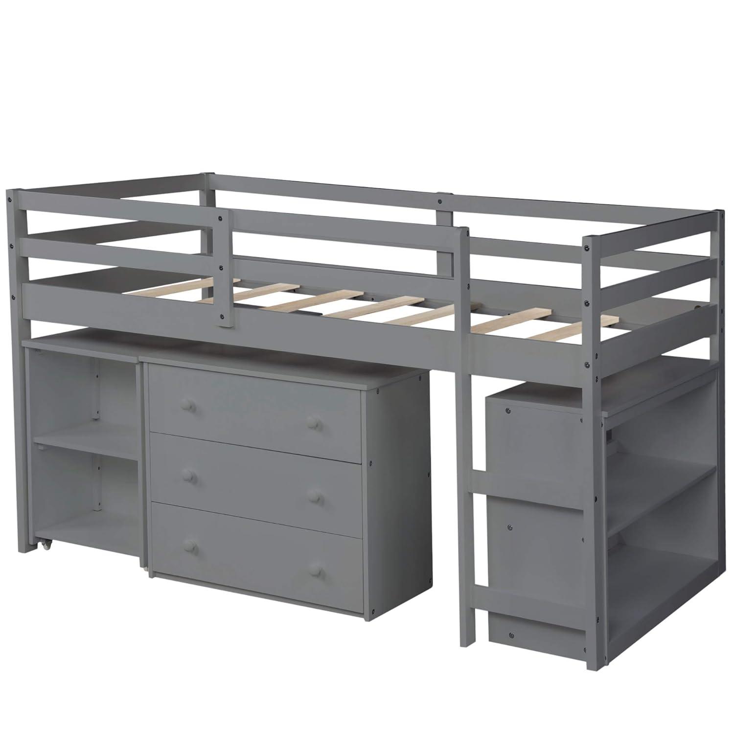 Harper & Bright Designs Twin Loft Bed with Cabinet and Rolling Portable Desk, Wooden Low Study Loft Bed with Drawers, Gray