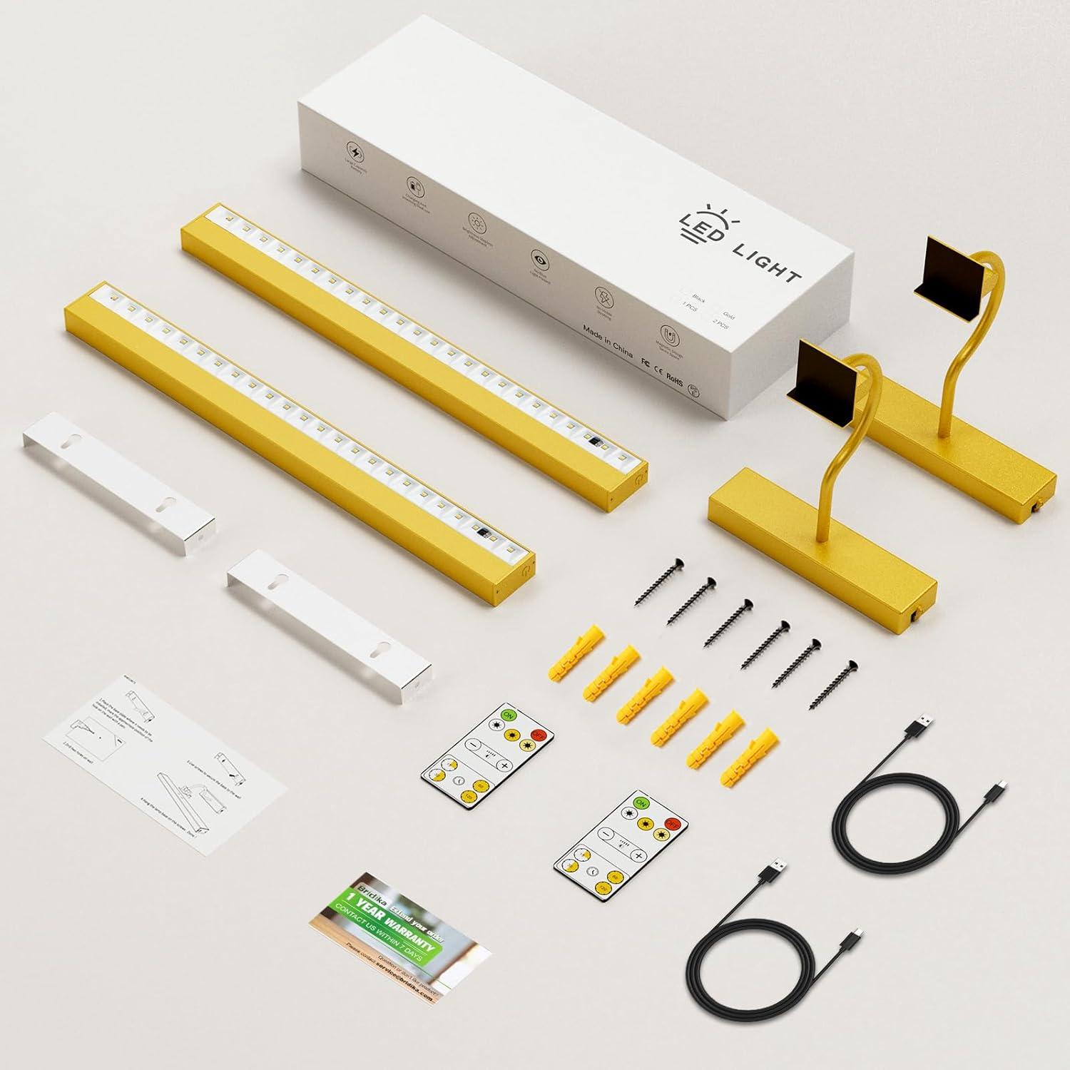 Bridika Picture Lights for Wall Battery Operated, 15.7in Wireless Rechargeable Wall Lights with Remote, 3 Color Temperatures, Dimmable Art Light for Paintings, Gallery, Dartboard, Portraits gold 1pack