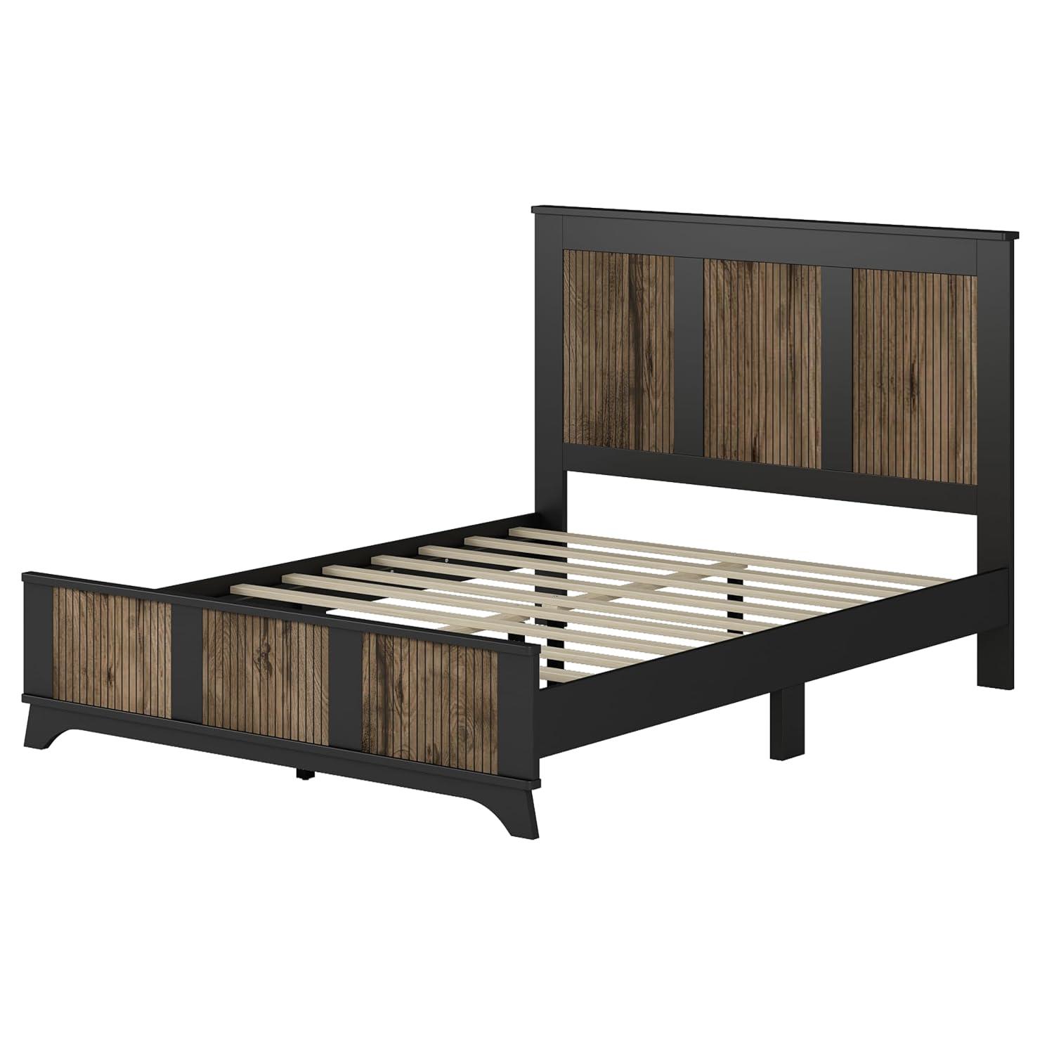 4 Pieces Bedroom Sets Queen Size Farmhouse Platform Bed with Wooden Strip Decoration, 2 Storage Nightstands and A 6-Drawer Dresser with Metal Handle for Kids Teens Adults - Black