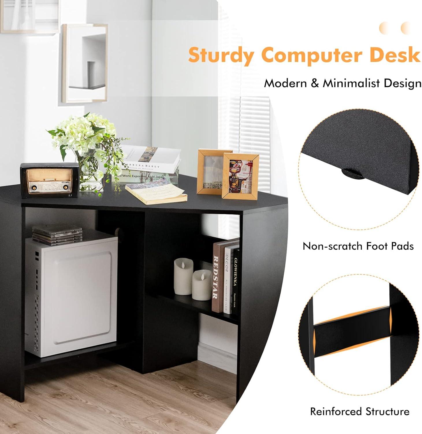 Costway Corner Computer Desk Triangle Writing Workstation w/ Storage Shelf Black
