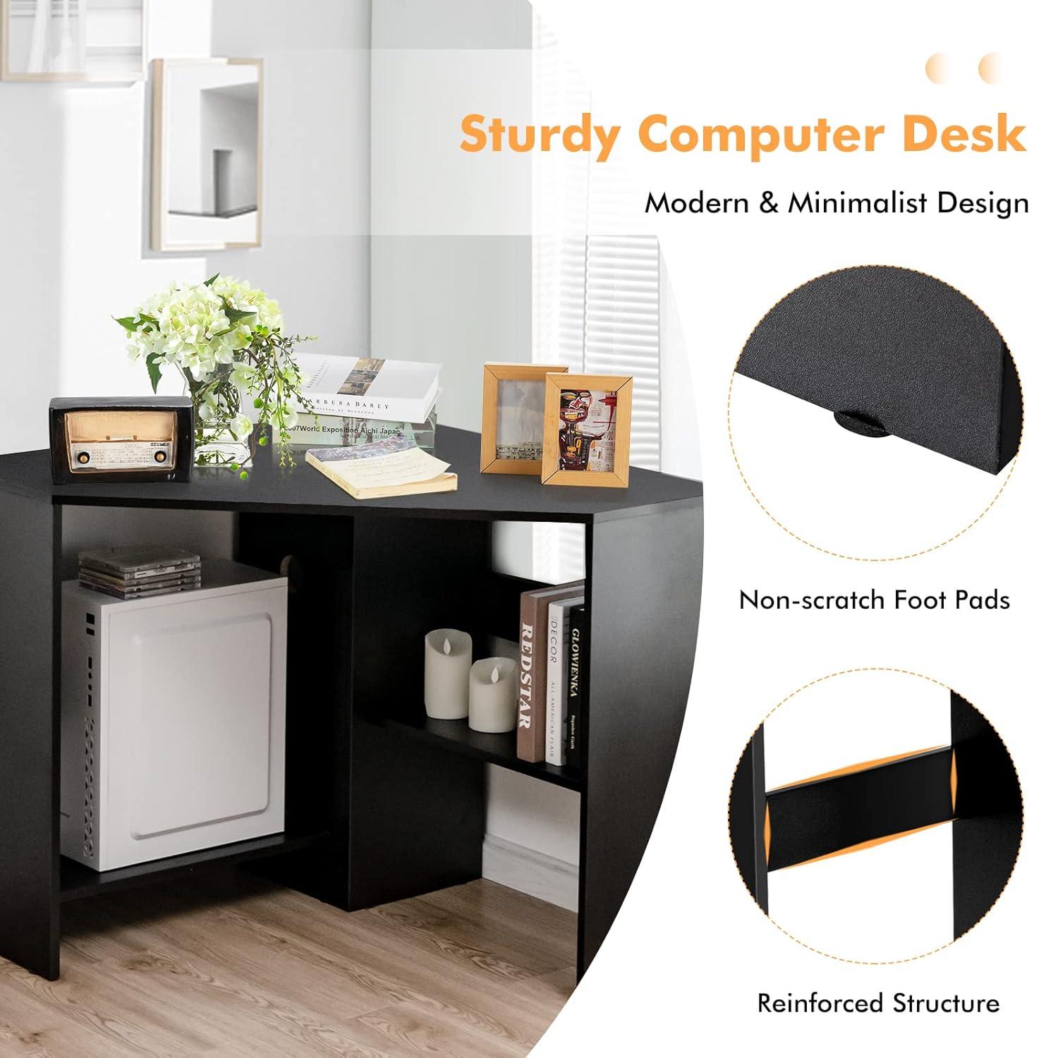Costway Corner Computer Desk Triangle Writing Workstation w/ Storage Shelf Black