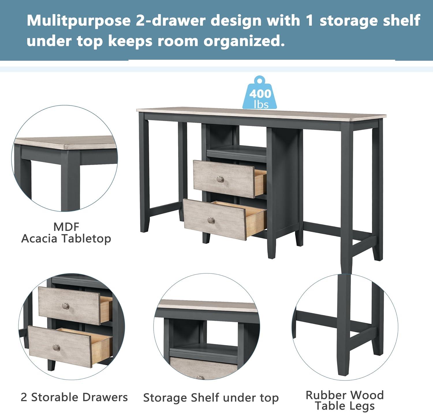 3-Pieces Farmhouse Rustic Counter Height Wood Dining Table Set with 2 Cabinet Storage Drawers and 2 Stools, Dining Table Feature Sets For Living Room, Bedroom, Kitchen, Office, Gray