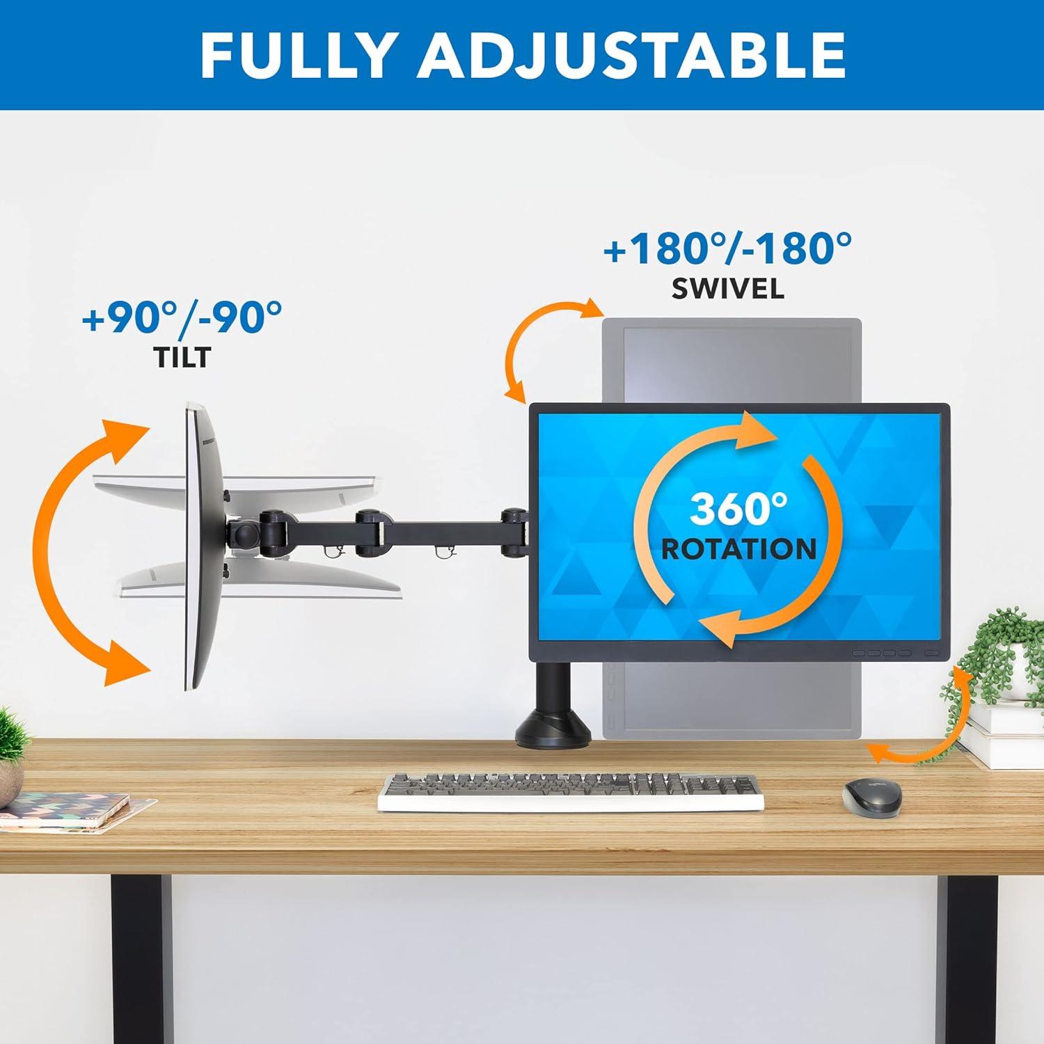 Mount-It! Single VESA Monitor Mount | Vertical Monitor Desk Stand | Telescoping Pole Height Adjustable | Fits 19 - 30 Inch Computer PC Screens