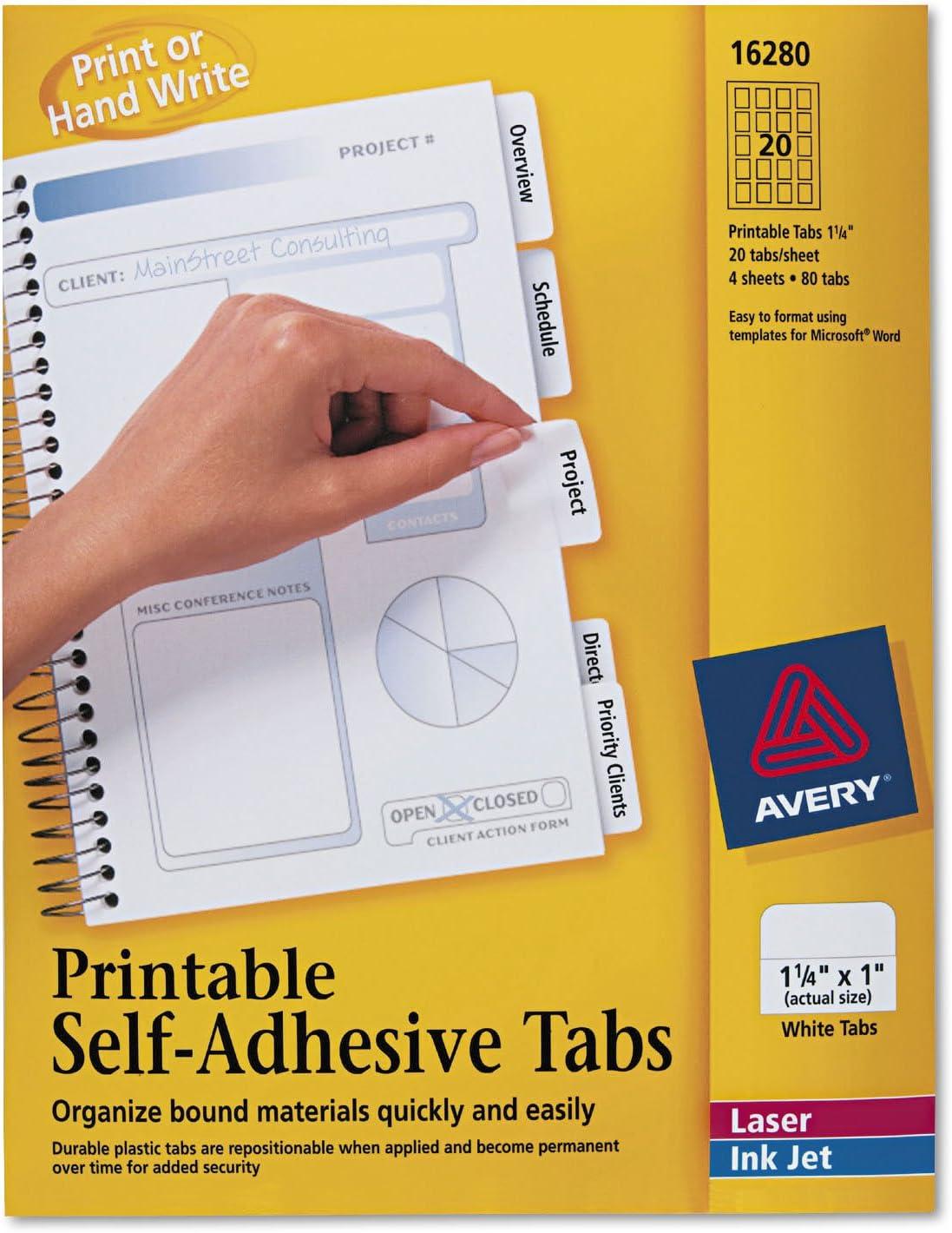 Avery Printable Plastic Tabs with Repositionable Adhesive 1 1/4 White 96/Pack 16280