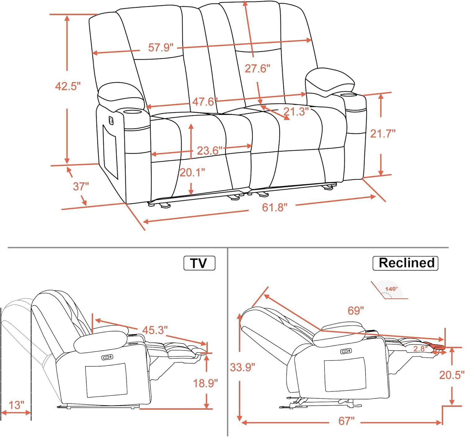 Navy Blue Fabric Reclining Loveseat with Cup Holders