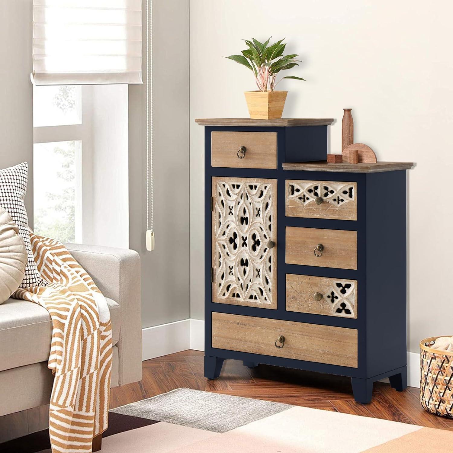 Fienley Farmhouse 21.6"W x 30.6"H x 11.8"D 1-Door Carved Wood Accent Chest With 5-Drawers, Rich Natural,Blue