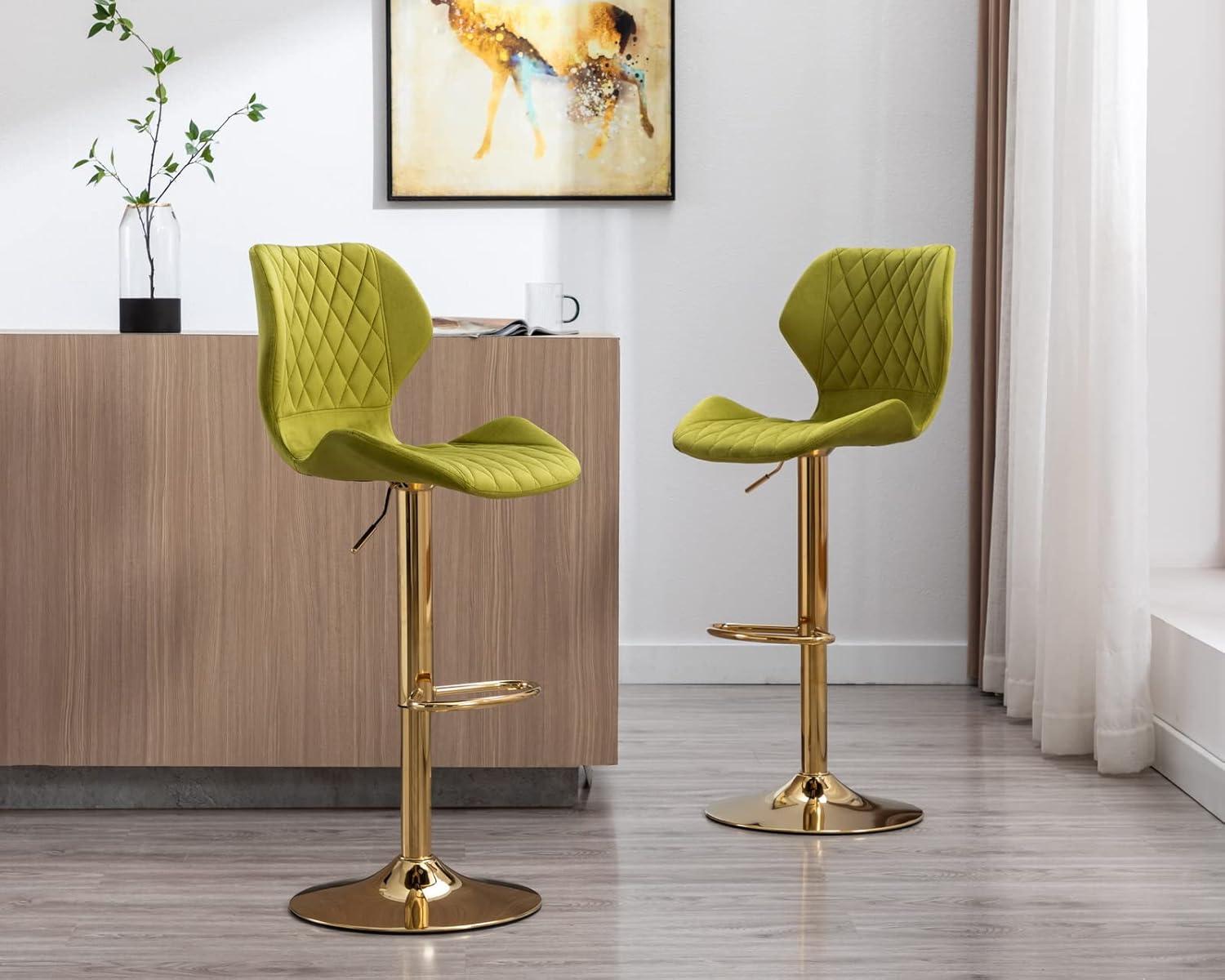 Domiluxe Modern Swivel Bar Stools Set of 2,Velvet Adjustable Counter Height Chairs with Backs, Counter Height Bar Stools with Golden Color Base for Home Kitchen Dining Room,Green