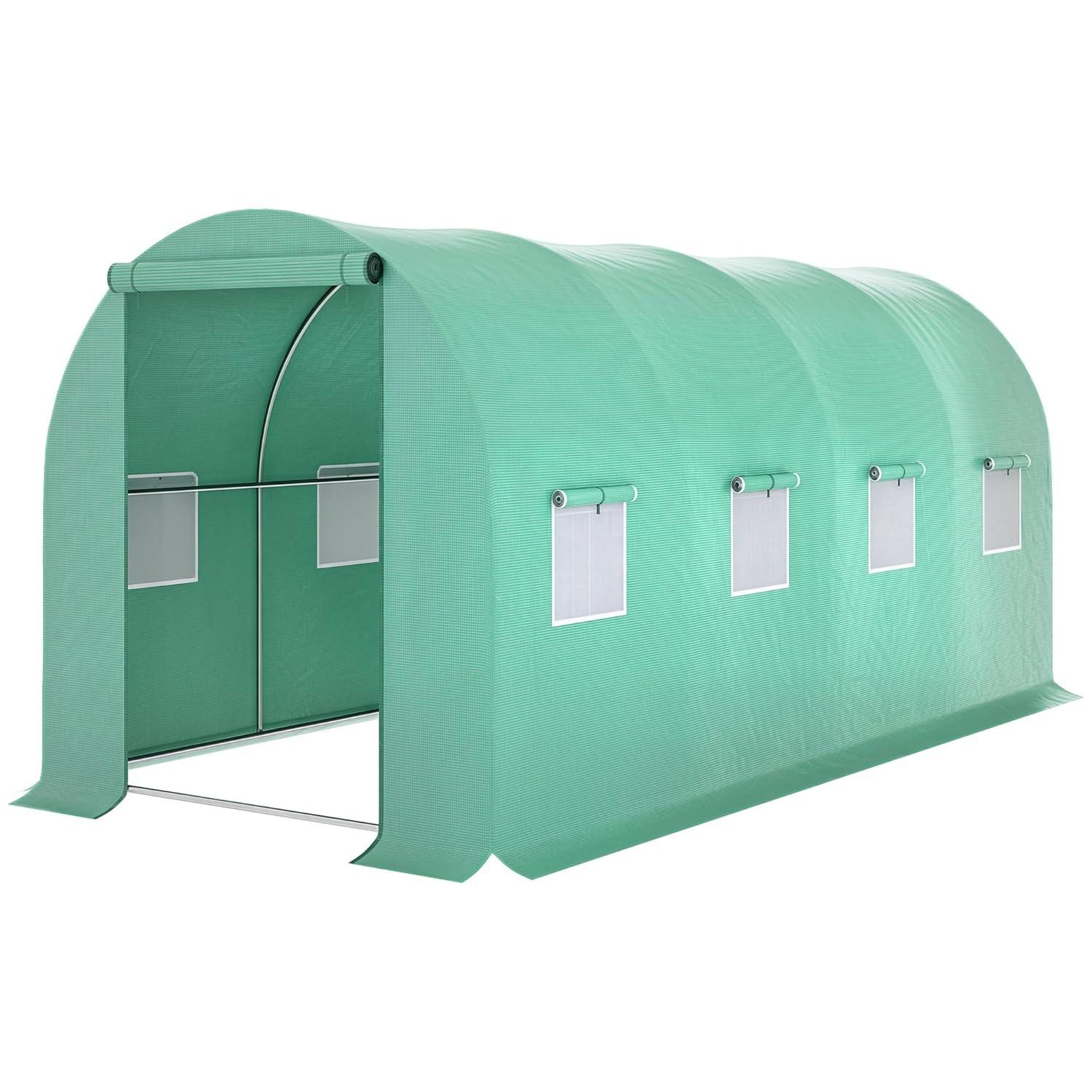 Outsunny 10' x 10' x 6.5' Walk-in Tunnel Hoop Greenhouse, Polyethylene PE Cover, Steel Frame, Roll-Up Zipper Door & Windows for Flowers, Vegetables