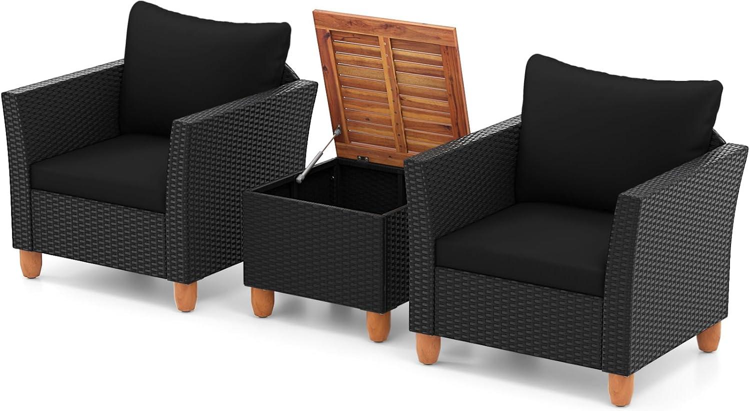Costway 3PCS Outdoor Patio Rattan Furniture Set Wooden Table Top Cushioned Sofa Black