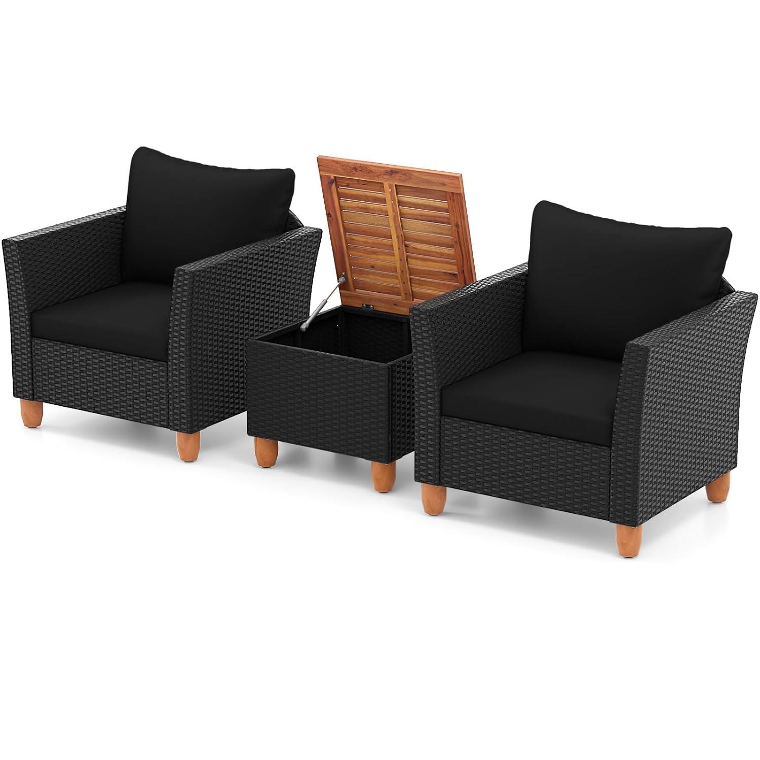 Costway 3PCS Outdoor Patio Rattan Furniture Set Wooden Table Top Cushioned Sofa Black