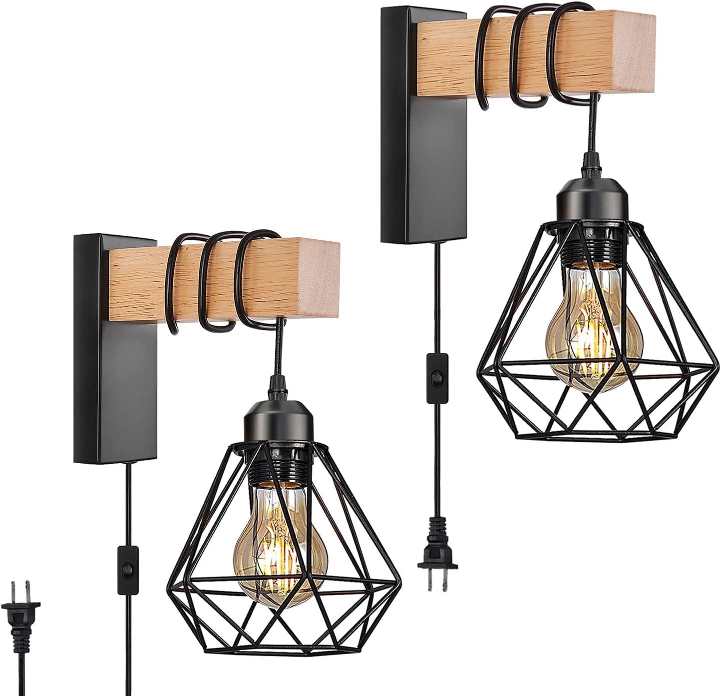 Black and Wood Plug-In Wall Sconce Set with Cage Shade