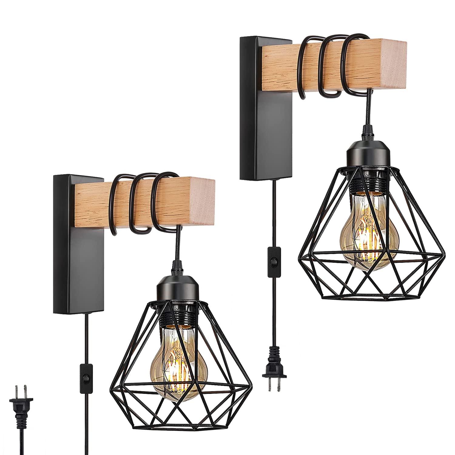 Plug in Wall Sconces Set of 2 with 6 FT On/Off Switch Cord, Wall Light Fixtures Black Industrial Farmhouse Indoor Wall Latern For Bedroom Living Room