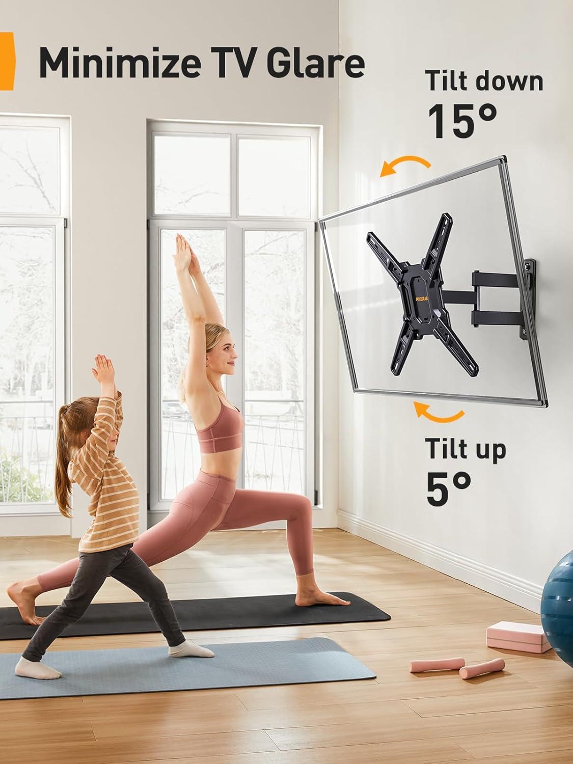 Perlegear Full Motion TV Mount for Most 26–60 inch Flat or Curved TVs up to 82 lbs, Wall Mount TV Bracket with Articulating Arms, Tool-Free Tilt, Swivel, Extension, Max VESA 400x400mm, PGMF3