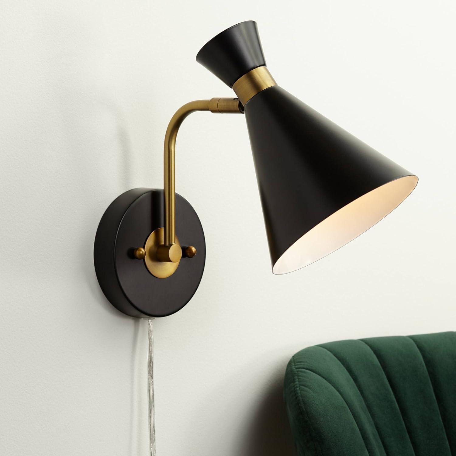 Venice Matte Black and Antique Brass Adjustable Cone Wall Lamp