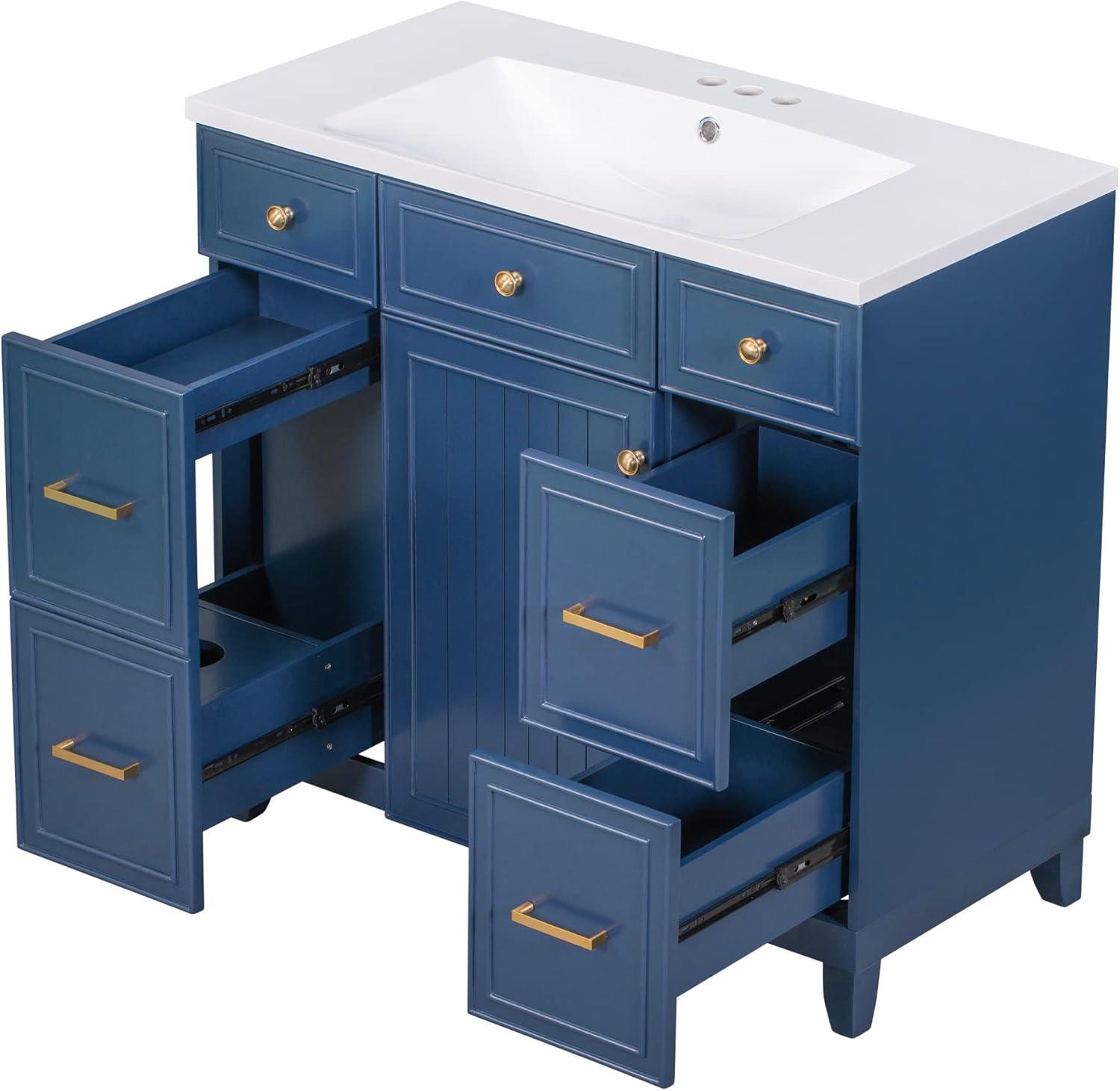 Miekor Furniture 36" Bathroom Vanity Cabinet with Sink Top Combo Set, Navy Blue, Single Sink, Shaker Cabinet with Soft Closing Door and Drawer W5UE-1