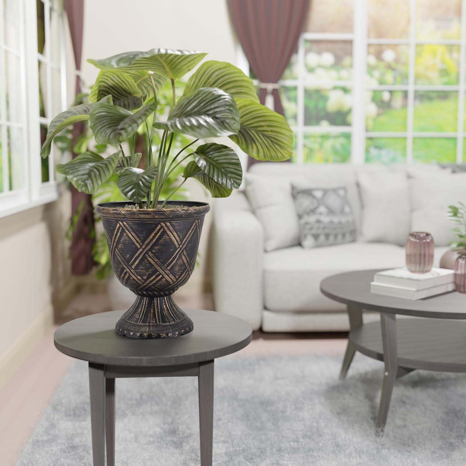 PL60GD Lattice Plastic Garden Urn, Classic Decorative Garden Pot Planter for Indoor and Outdoor Plants, Gold