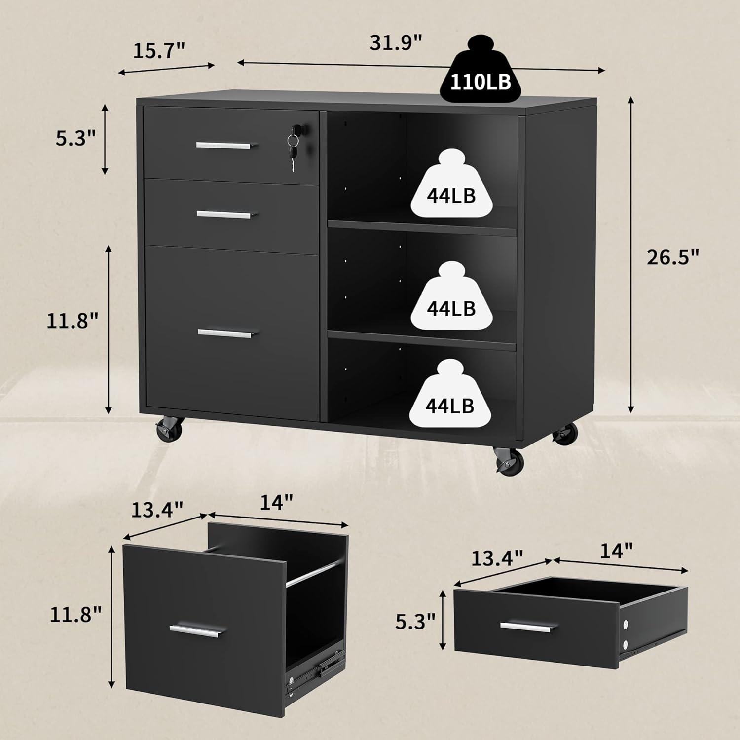 Black Wood Office Filing Cabinet with Adjustable Shelves and Lock