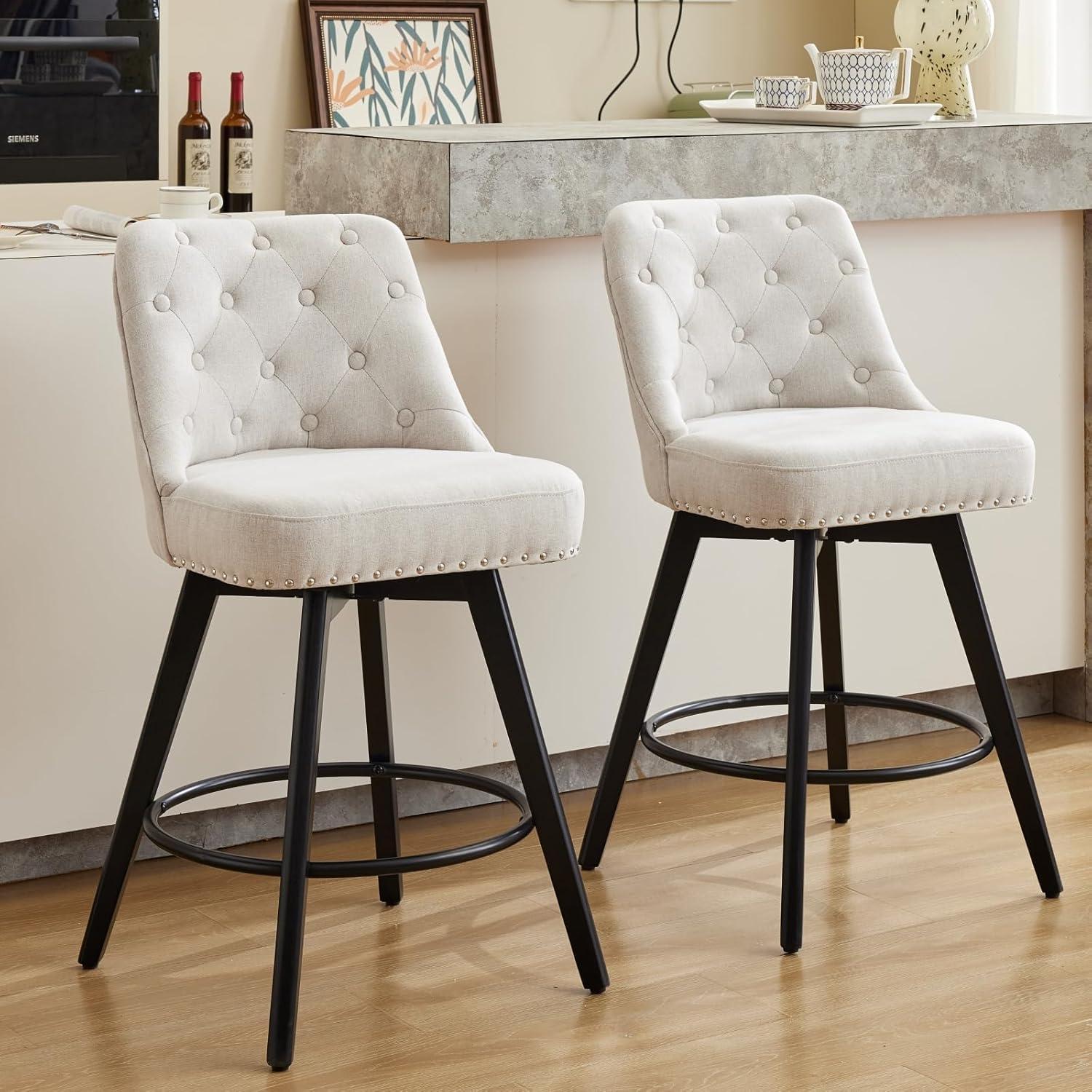 Counter Bar Stools Set of 2, Modern Swivel Bar Stools with Back and Wood Legs, 26" H Upholstered Bar Chair for Kitchen Island Home Bar, Linen Beige
