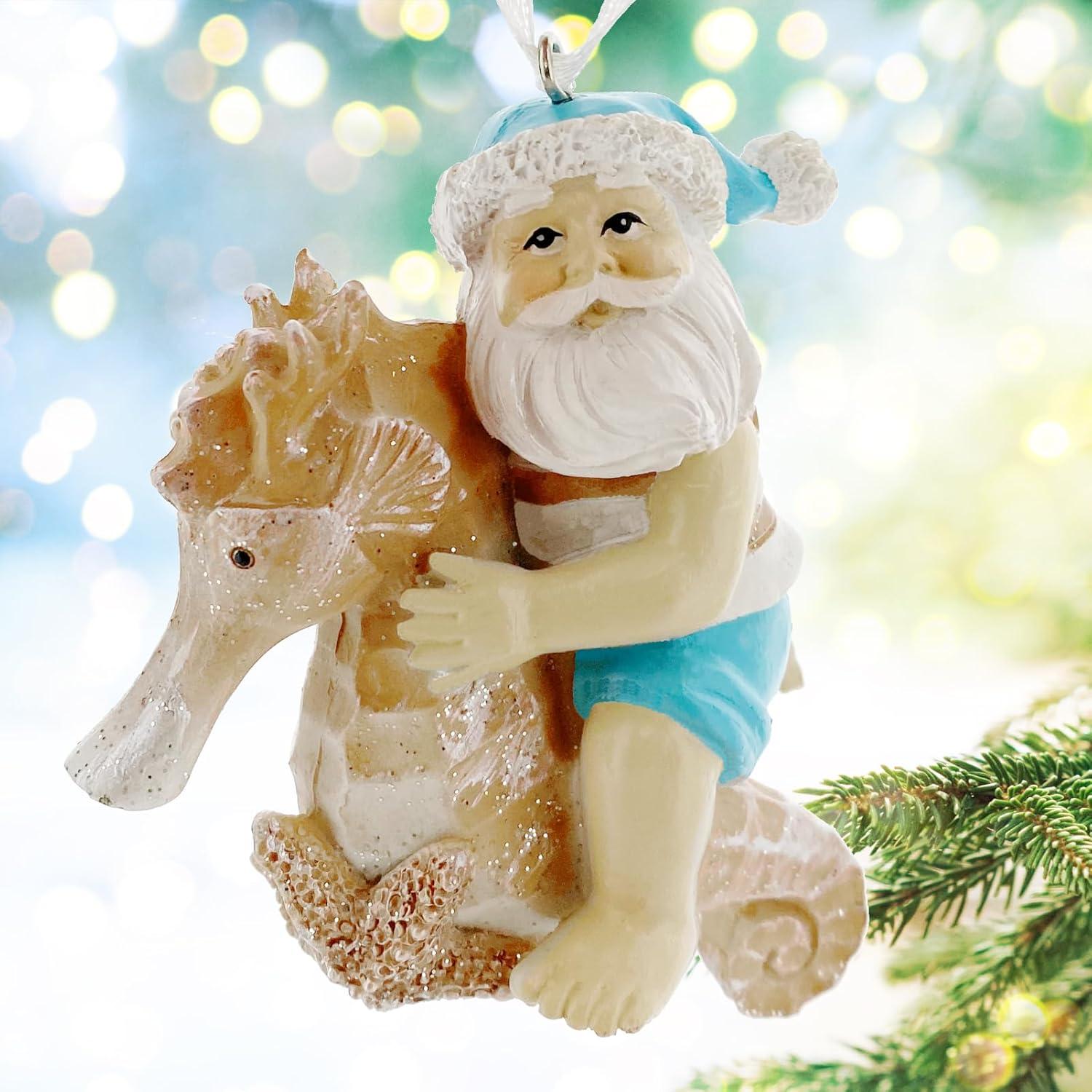 Sea Turtle Seahorse Ornaments - Beach Santa Riding Marine Animals Coastal Holiday Tree Decorations, Set of 2