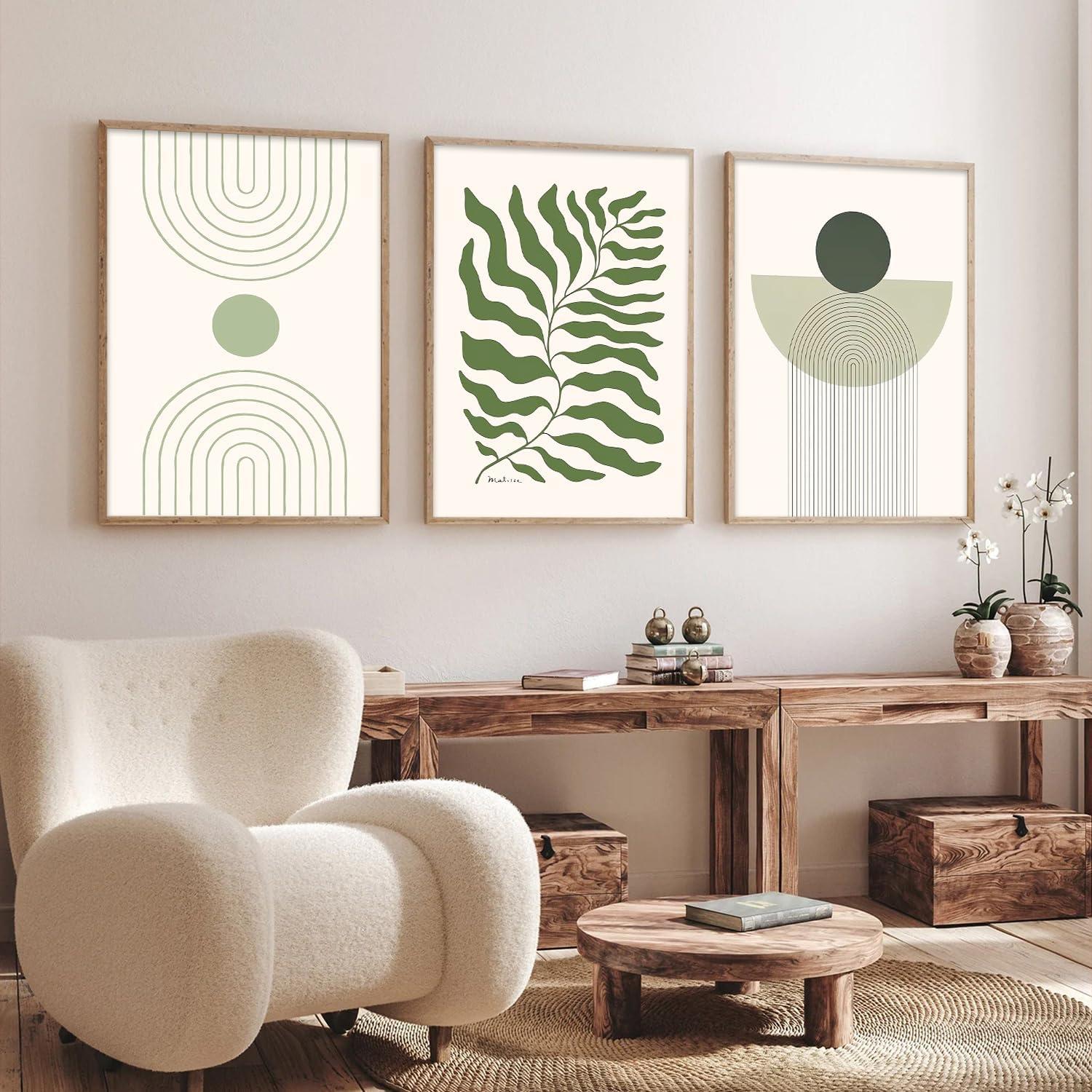 Sage Green Abstract Boho Canvas Wall Art Set