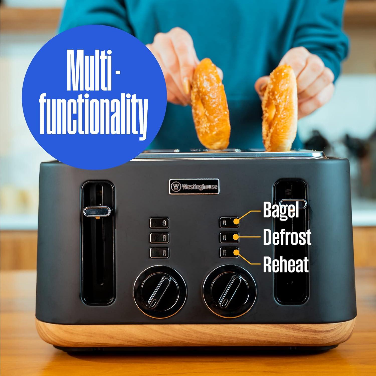 Black and Wood Finish 4-Slice Toaster with Wide Slots and Crumb Tray