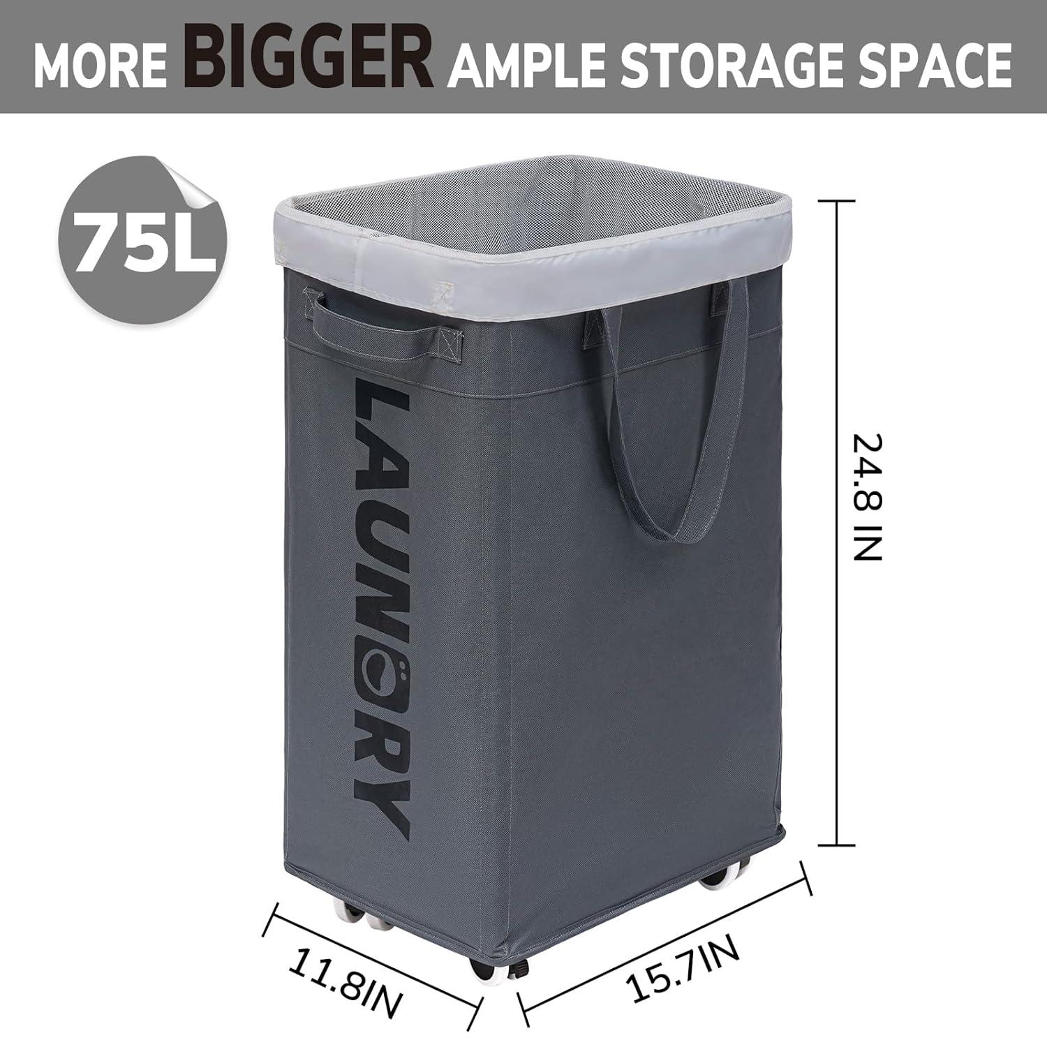 VOKIAL Laundry Basket With Wheels, 2PACK 75L Rolling Laundry Baskets With Removable Laundry Bags, Apartment Essentials, Collapsible Laundry Baskets, Laundry Bag, Corner Dorm Foldable Laundry Baskets, Slim Laundry Baskets