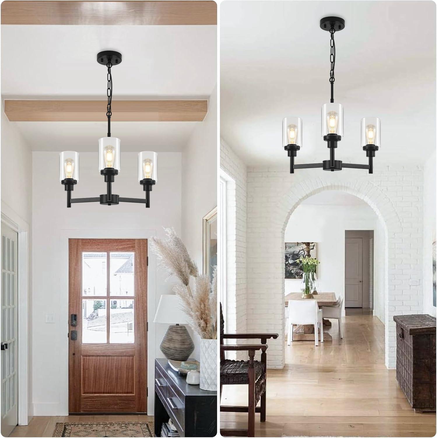 Black Chandelier for Dinning Room Living Room Island Kitchen Chandelier Light Fixtures Over Table, 3 Light Farmhouse Chandelier with Cylinder Clear Glass, Height Adjustable