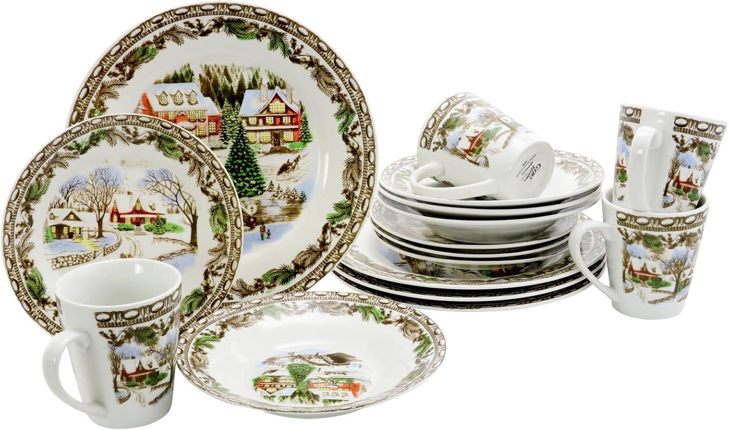 Christmas Toile 16-Piece Porcelain Dinnerware Set with Winter Scene