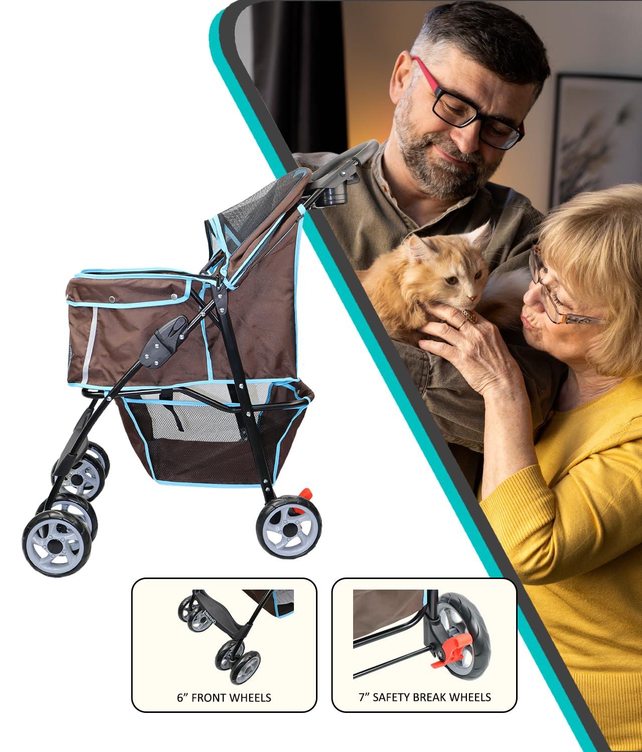 Brown and Turquoise Foldable Pet Stroller with Storage Basket